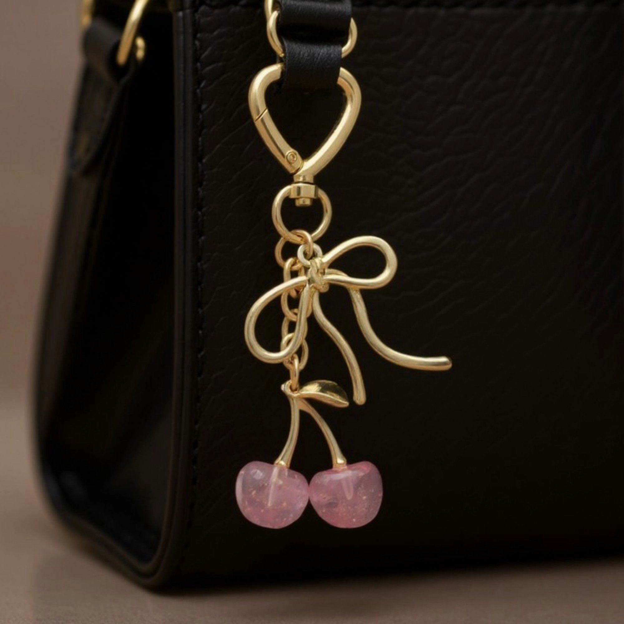 Alilang Women's Gold Bow Keychain with Pink Cherry Charms and Heart Clasp