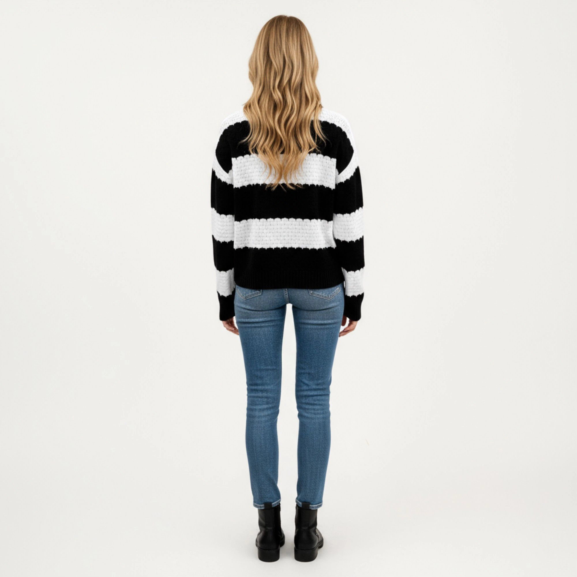 Anna-Kaci Women's Long Sleeve Knit Sweater with Bold Horizontal Stripes and Ribbed Trim