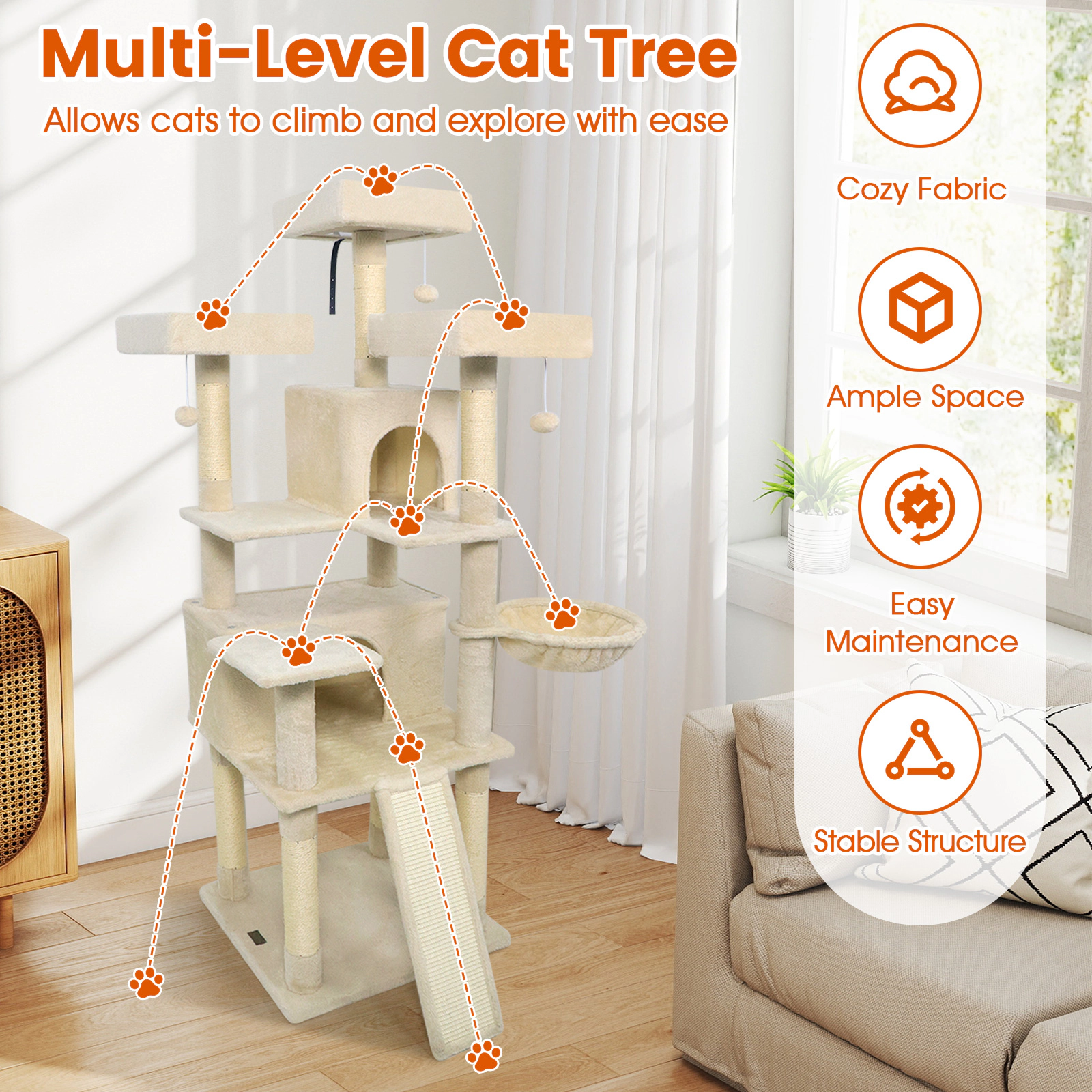 Glintex 65-Inch Cat Tree with 3 Upholstered Perches 2 Condos and Scratching Ladder