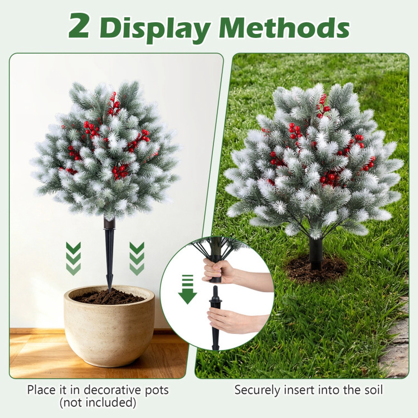 SUGIFT Set of 2 Snow-Tipped Artificial Cedar Topiary Trees 8-in Ground Spikes 16 x 27.5-in Green & White & Red