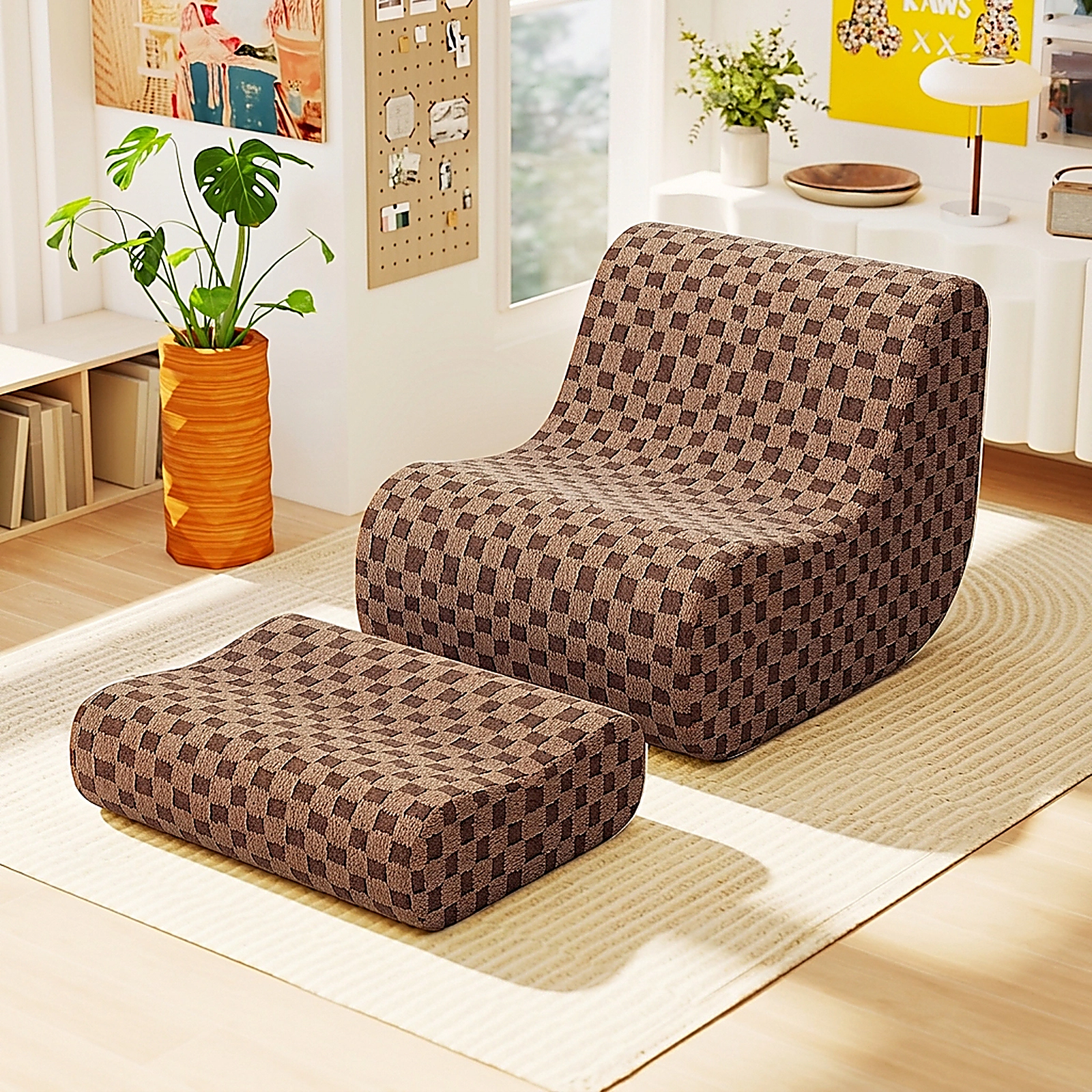 SUGIFT Brown Oversized Teddy Velvet Bean Bag Chair with Ottoman