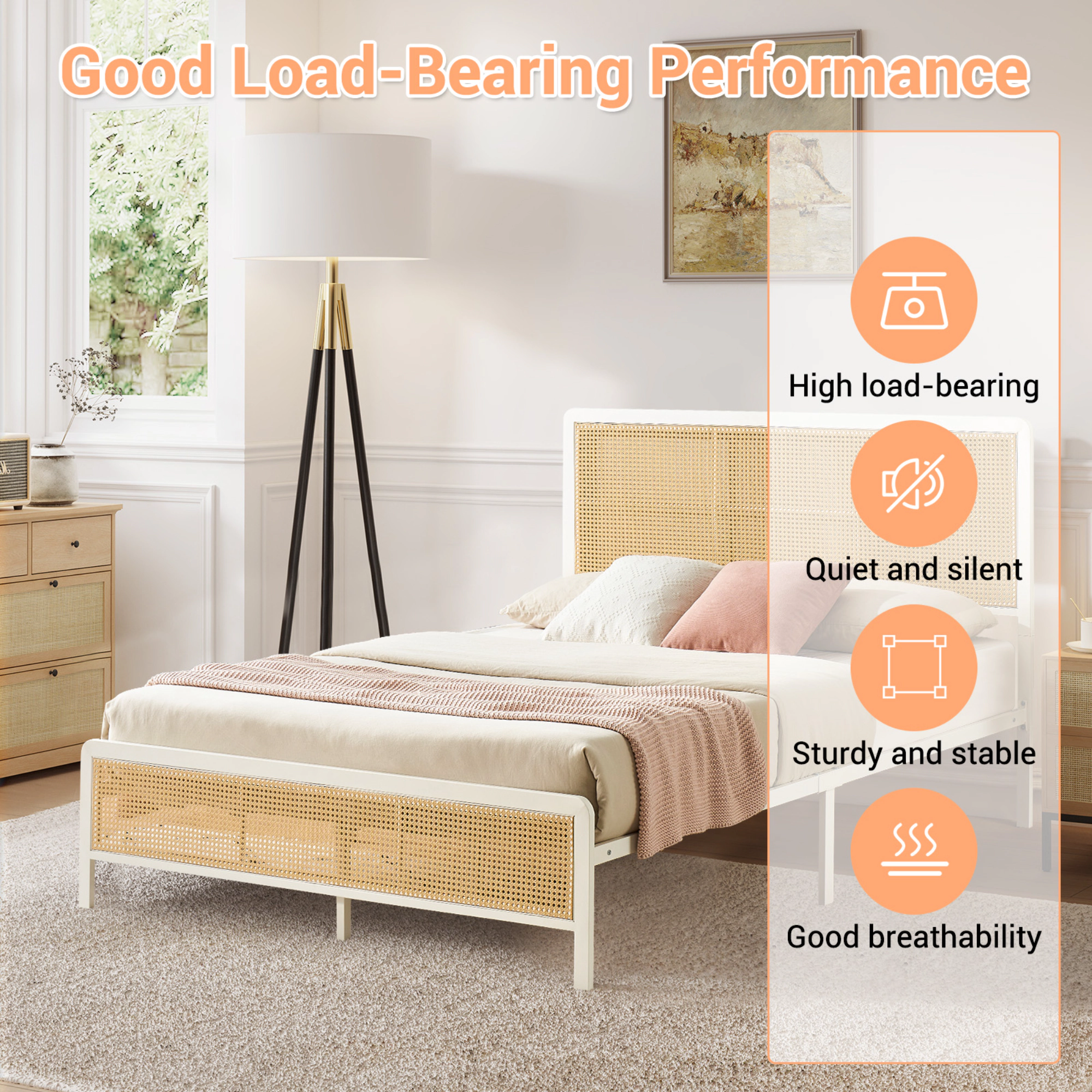 BebreezChic Modern Boho Rattan Metal Platform Bed Frame with Smart RGB LED Headboard Footboard