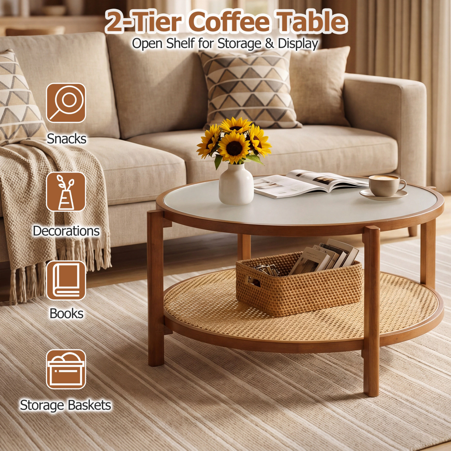 Glintex 2-Tier 35-Inch Round Coffee Table with Frosted Glass and Rattan, Walnut
