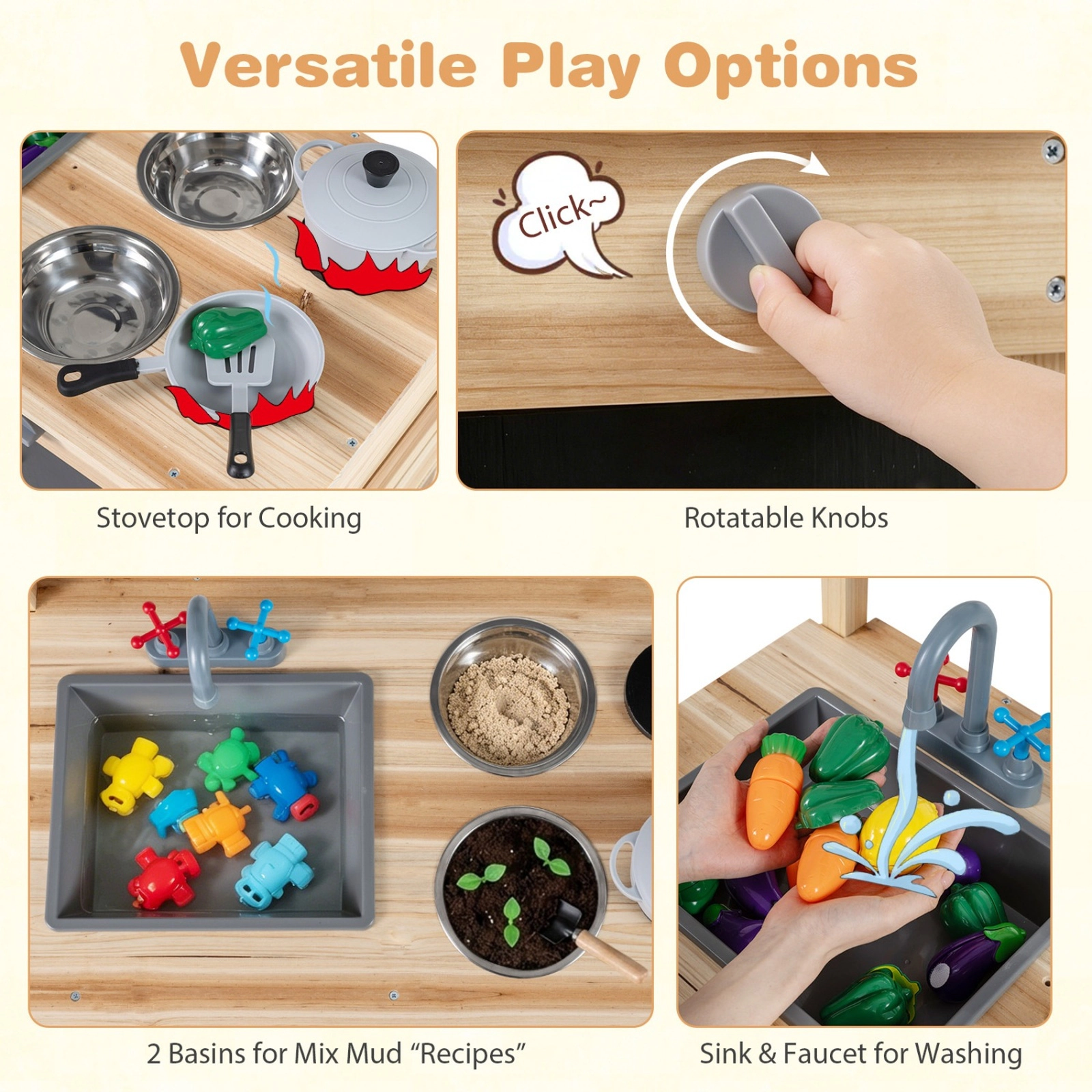SUGIFT Outdoor Wooden Mud Kitchen Play Station with Sink Stoves and Storage 30.5 x 17 x 39 in Ages 3+ Natural