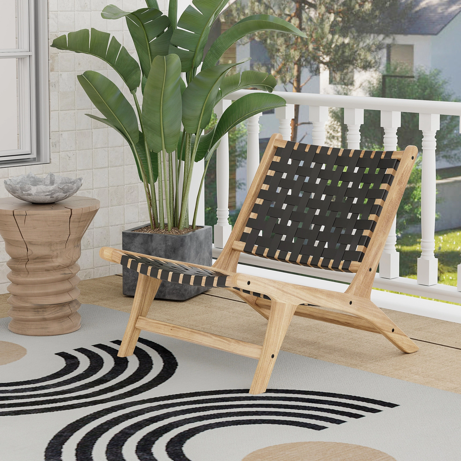 LJG Modern Armless Teak Wood Lounge Chair with Nylon Woven Backrest and Seat