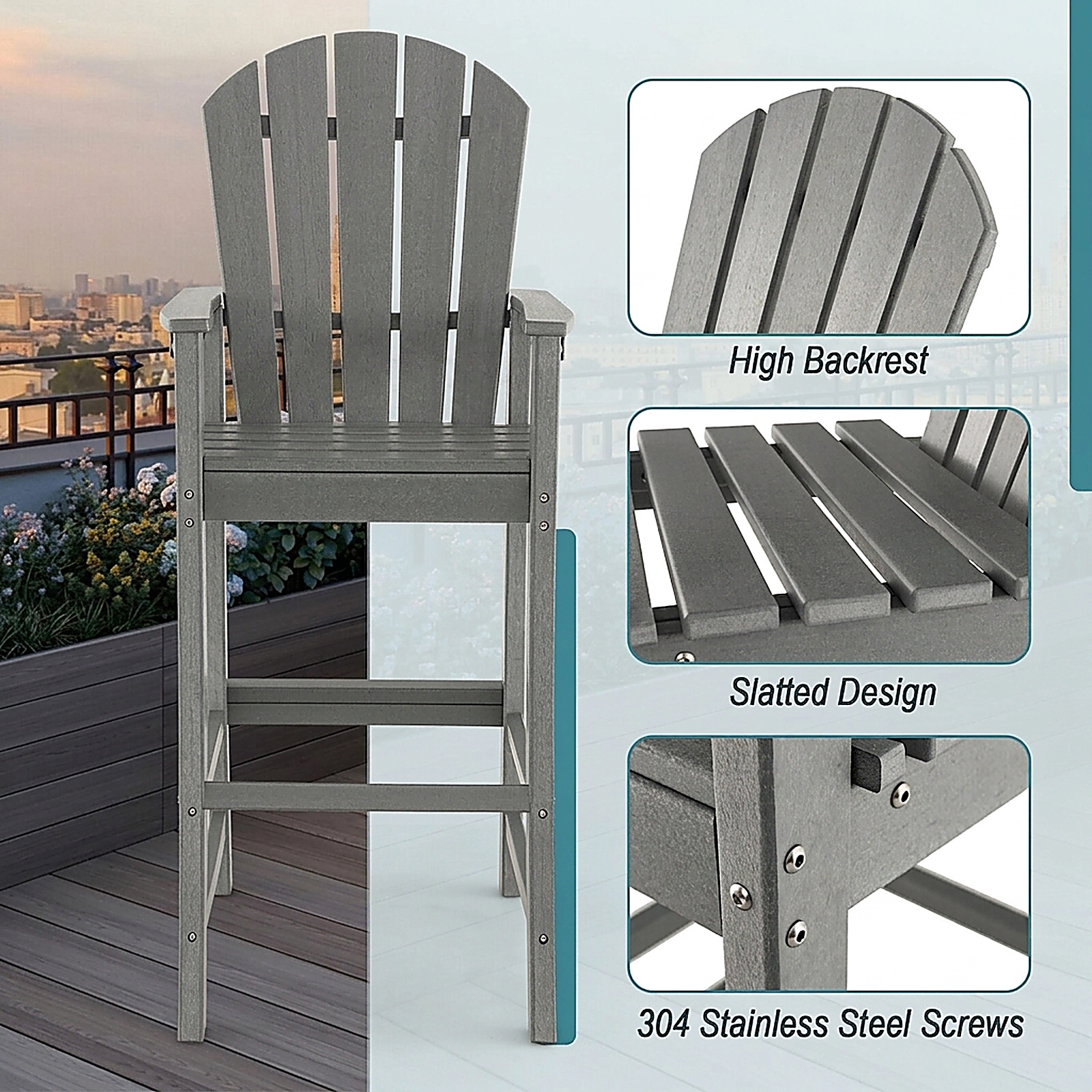 SUGIFT All-Weather Counter-Height HDPE Bar Stool with Armrests and Footrest 30-in Seat Height 360-lb Capacity Gray