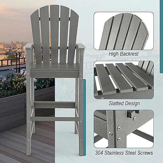 SUGIFT All-Weather Counter-Height HDPE Bar Stool with Armrests and Footrest 30-in Seat Height 360-lb Capacity Gray