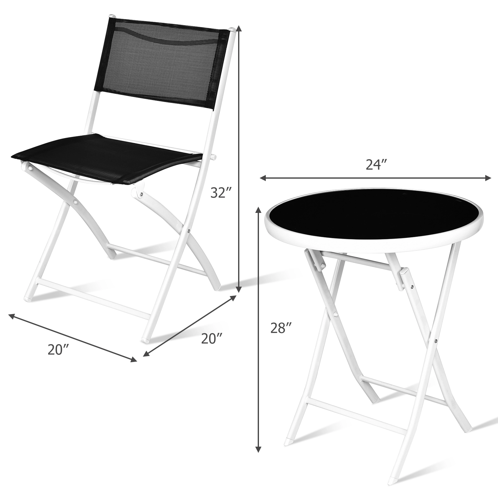 SUGIFT 3-Piece Folding Patio Conversation Bistro Set Glass Top Coffee Table 265-lb Chair Capacity 24 x 28 in Table Black