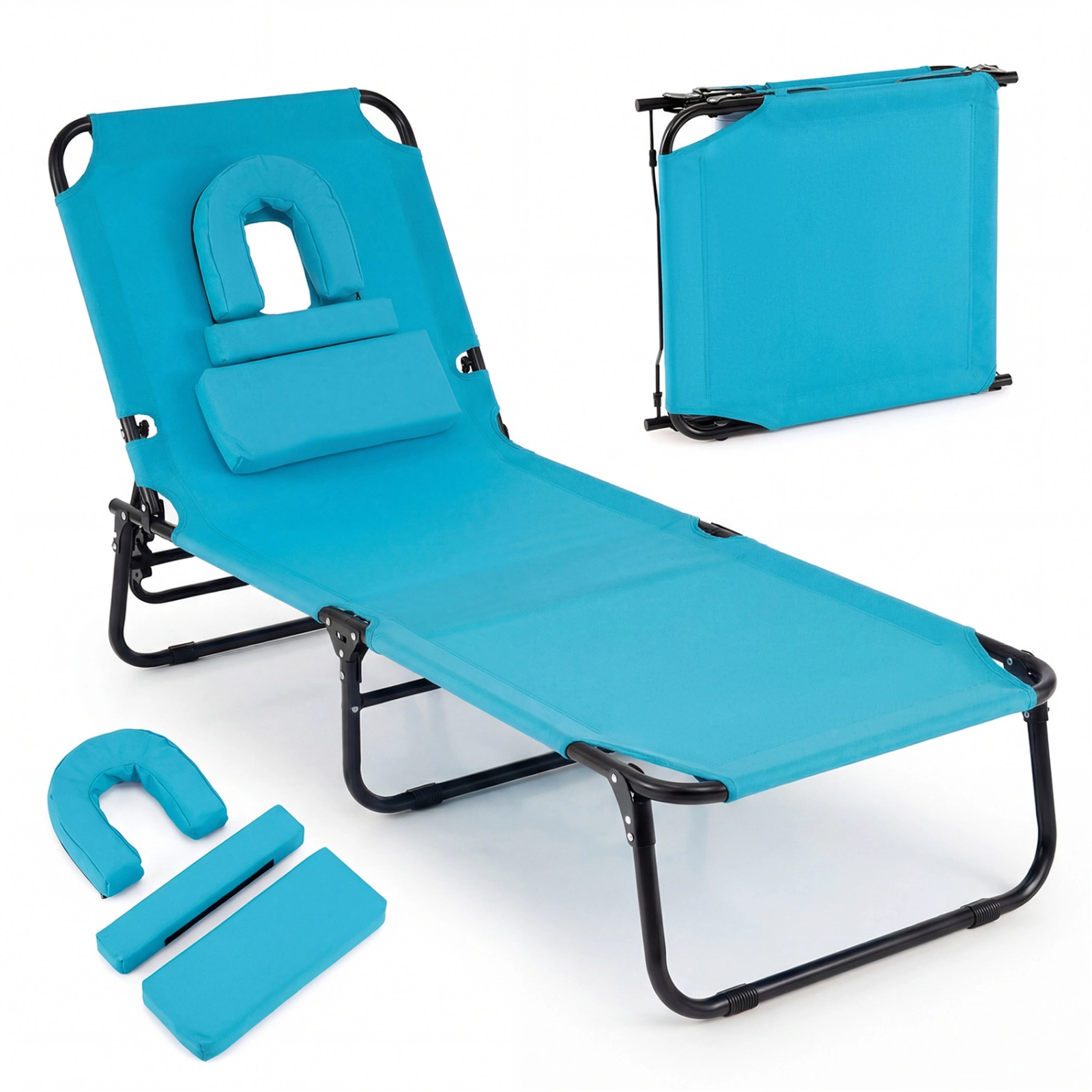 SUGIFT Adjustable Folding Face Down Tanning Chair with Face Hole and 3 Removable Pillows 330-lb Capacity Turquoise