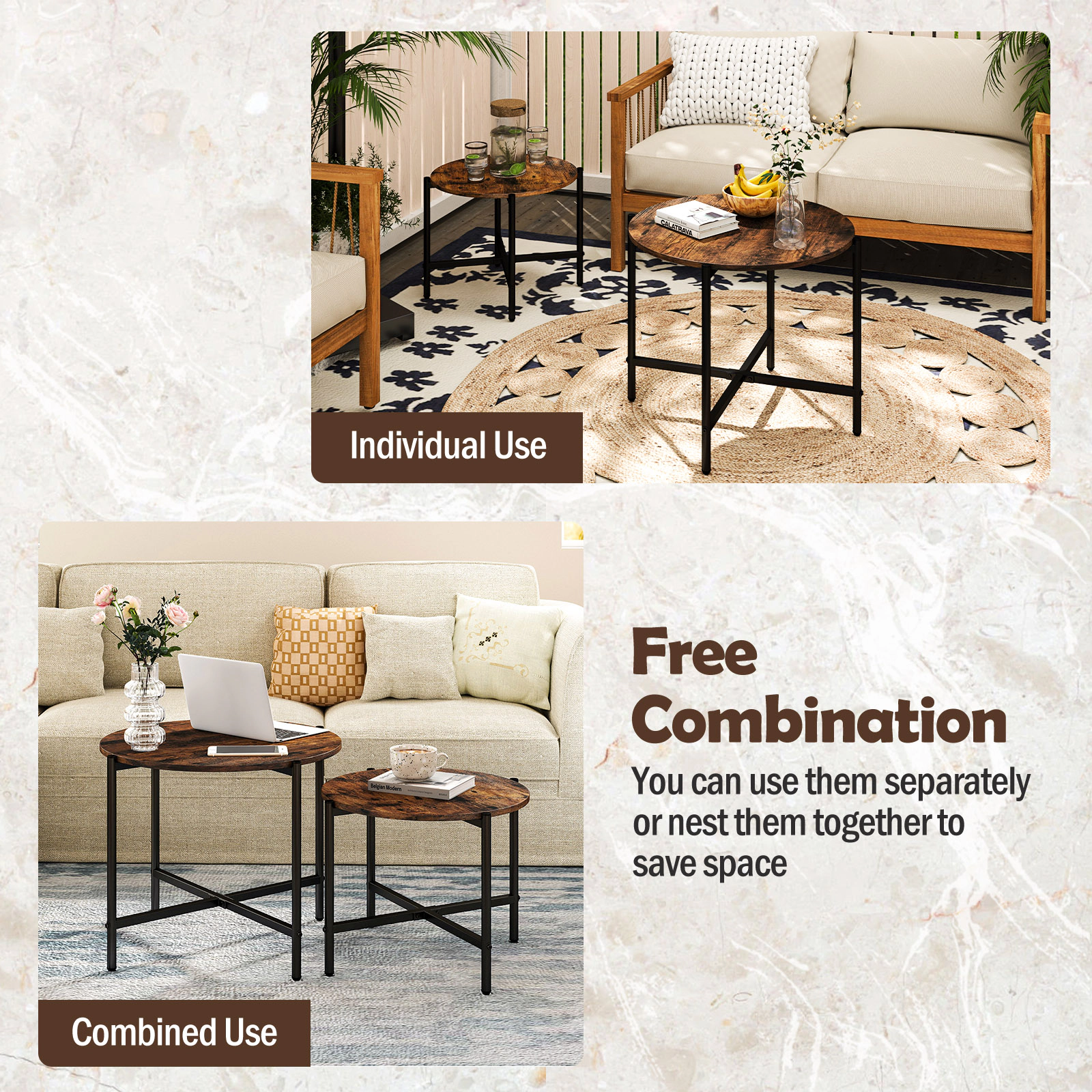 Glintex 2-Piece Round Nesting Coffee Table Set with X-Shaped Metal Frames