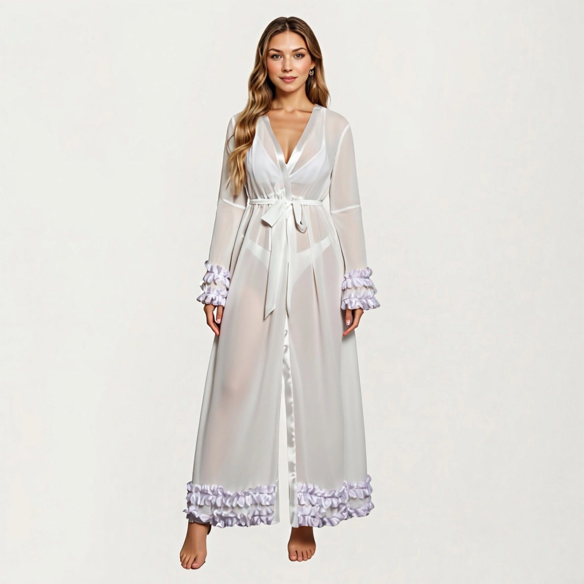 Anna-Kaci Women's Long Satin Robe with Sheer Bell Sleeves and Ruffle Trim Hem