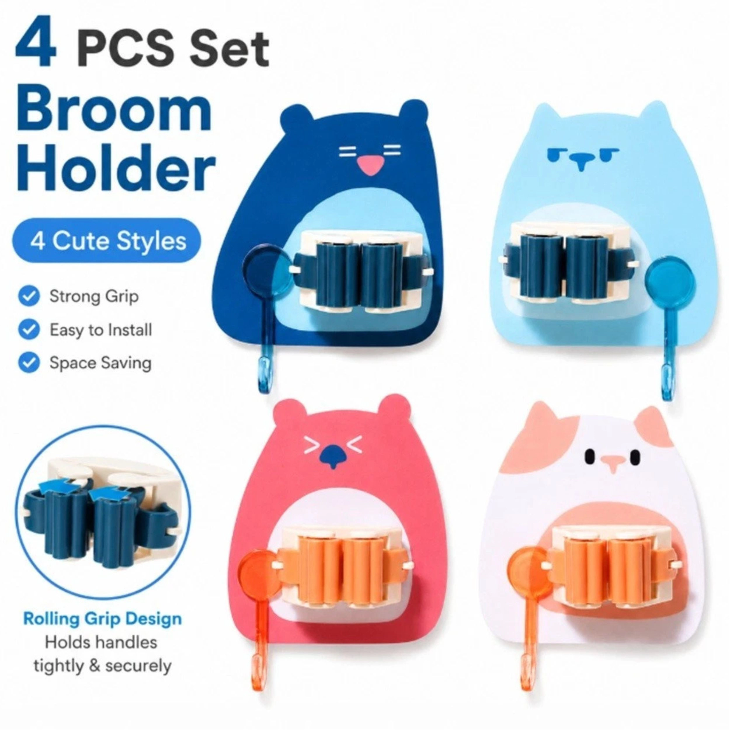 Home Collection Pack of 4 Wall Mounted Mop Broom Holder Self-Adhesive Clip with Hooks