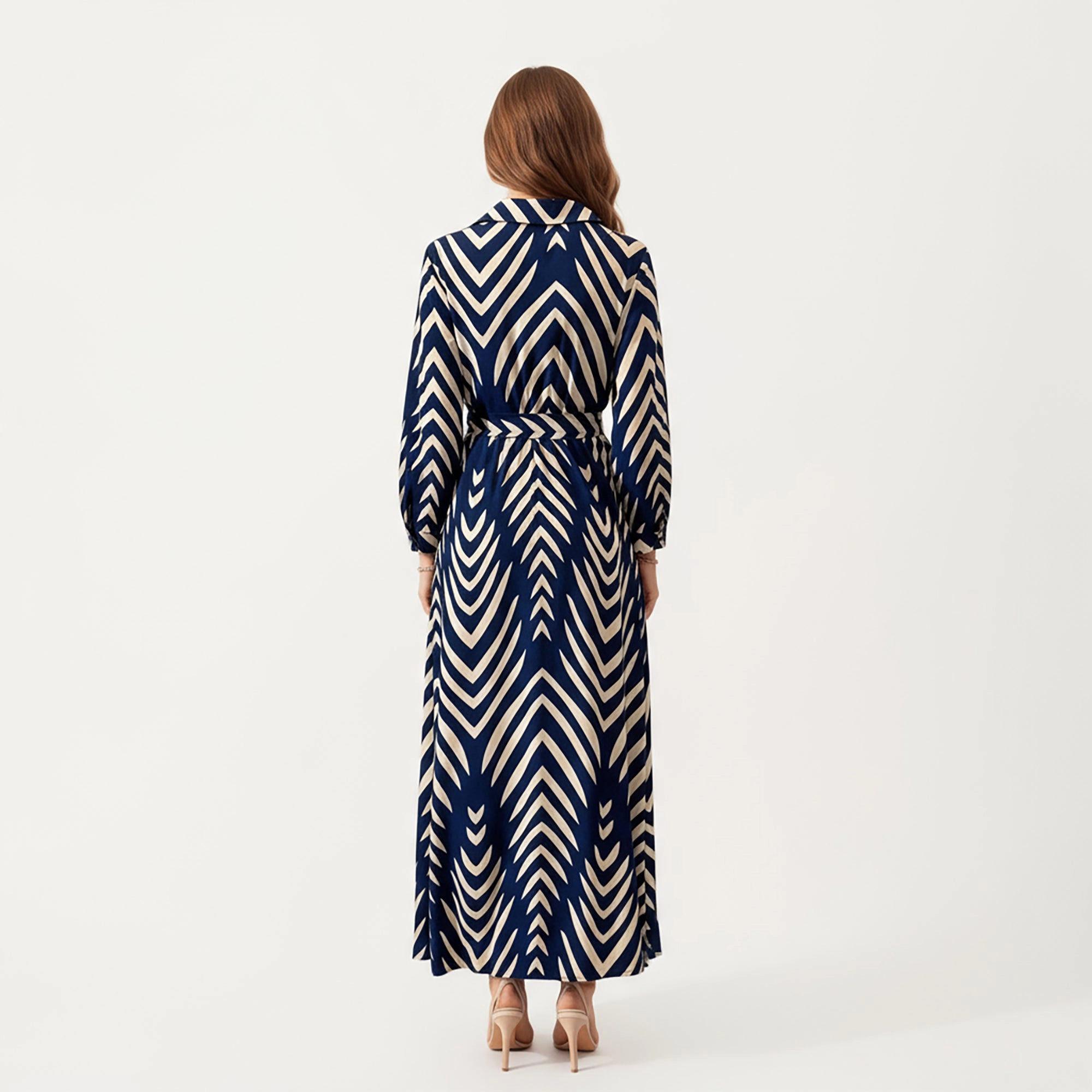 Anna-Kaci Womens Long Sleeve Chevron Print Maxi Shirt Dress