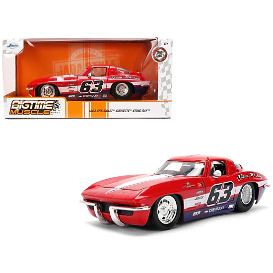 Jada Collectible 1963 Chevrolet Corvette Stingray #63 "Chevy Racing" Red With White And Blue Stripes "Bigtime Muscle"