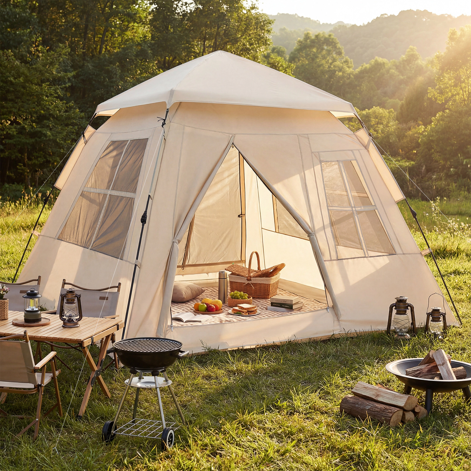 LJG 4 Person Camping Tent Portable Automatic Easy Setup with Rainfly and 2 Doors