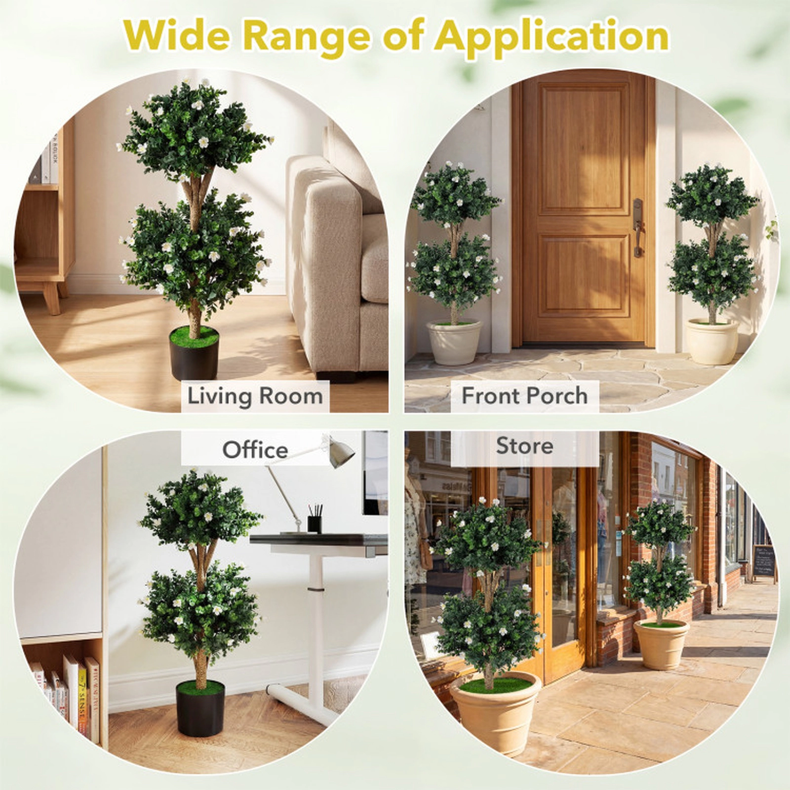 SUGIFT Set of 2 36-in Artificial Double Ball Boxwood Topiary Trees with 41 White Blossoms and Pots