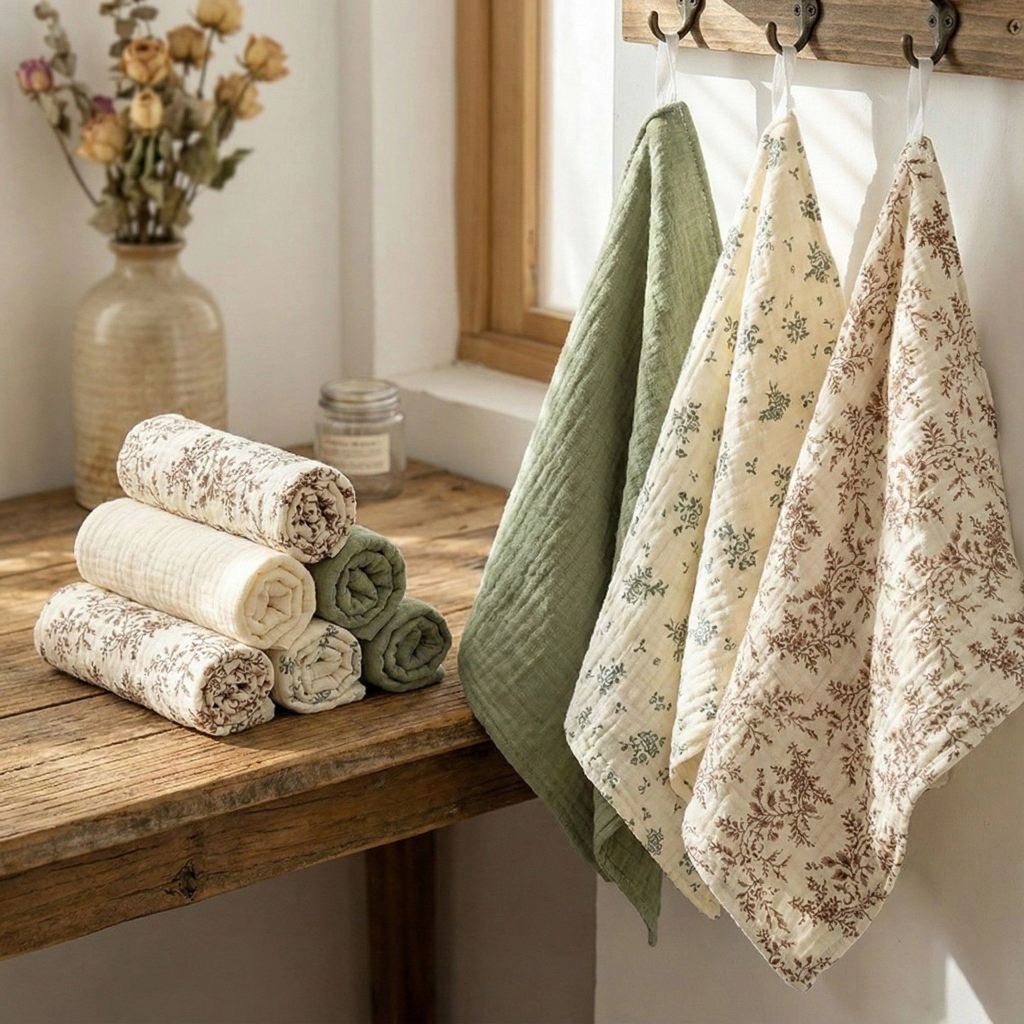 Alilang Unisex Soft Cotton Textured Kitchen Cleaning Cloths Hanging Dish Towels Floral and Solid Mix 4 Pack