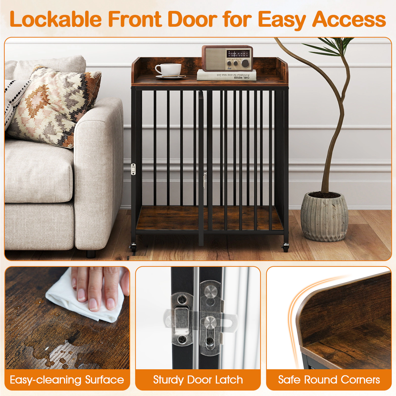 SUGIFT Rustic Brown 27.5 in End Table Kennel with Wheels for Small Dogs Dog Crate Furniture