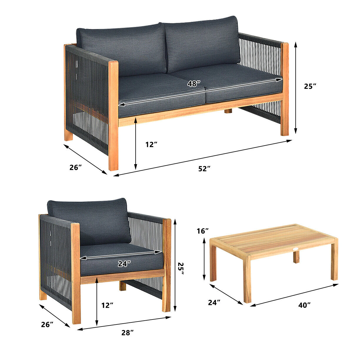 LJG 4 Pieces Acacia Wood Outdoor Patio Furniture Set with Cushions