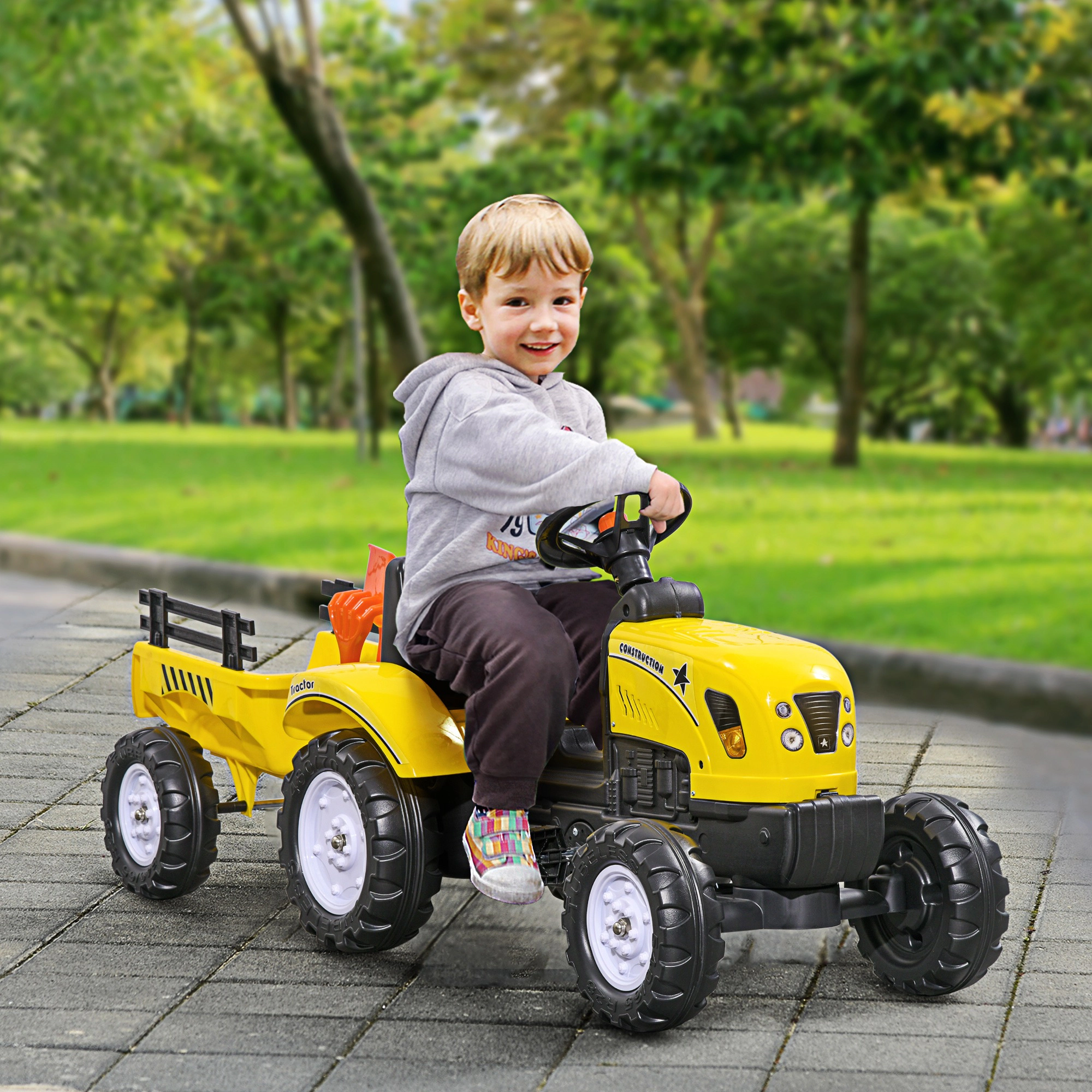 HONGGE Kids Pedal Ride-On Tractor with Rear Trailer, Shovel & Rake, Working Horn, Yellow, Ages 3 and Up