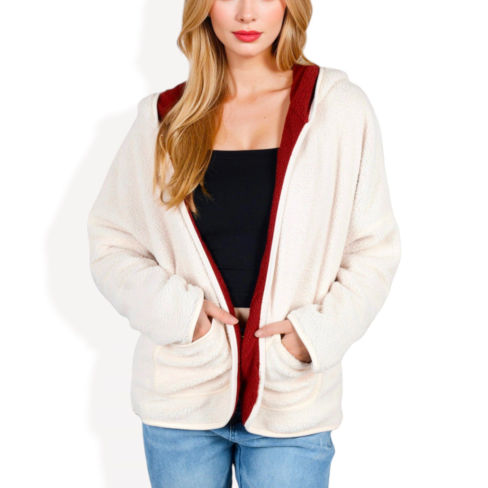 Anna-Kaci Women's Textured Two Tone Lined Hooded Jacket with Front Pockets