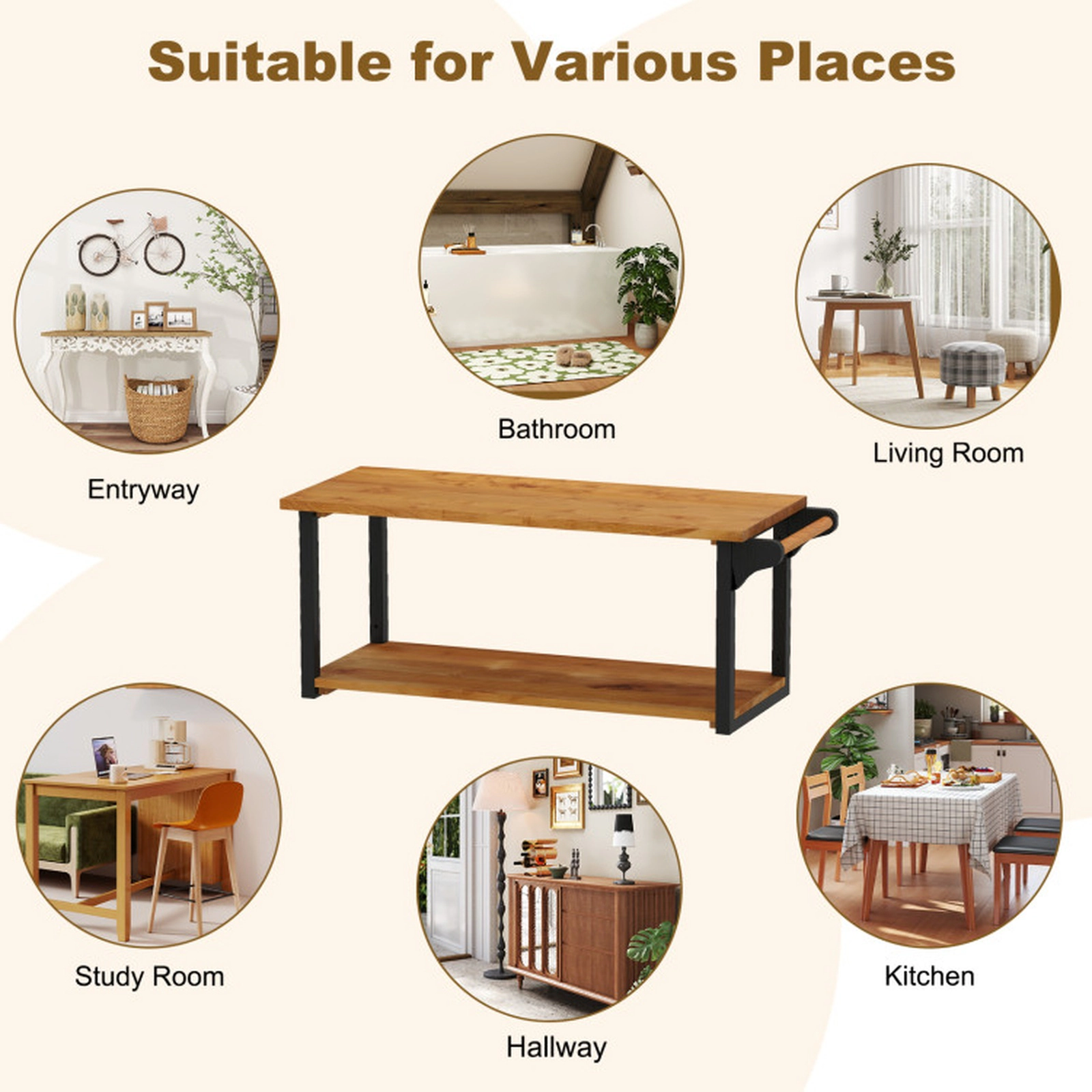 SUGIFT 2-Tier Teak Wood Wall Mounted Floating Shelf Rack Towel Bar 40.5-in x 15.5-in x 16-in 176-lb Capacity Natural