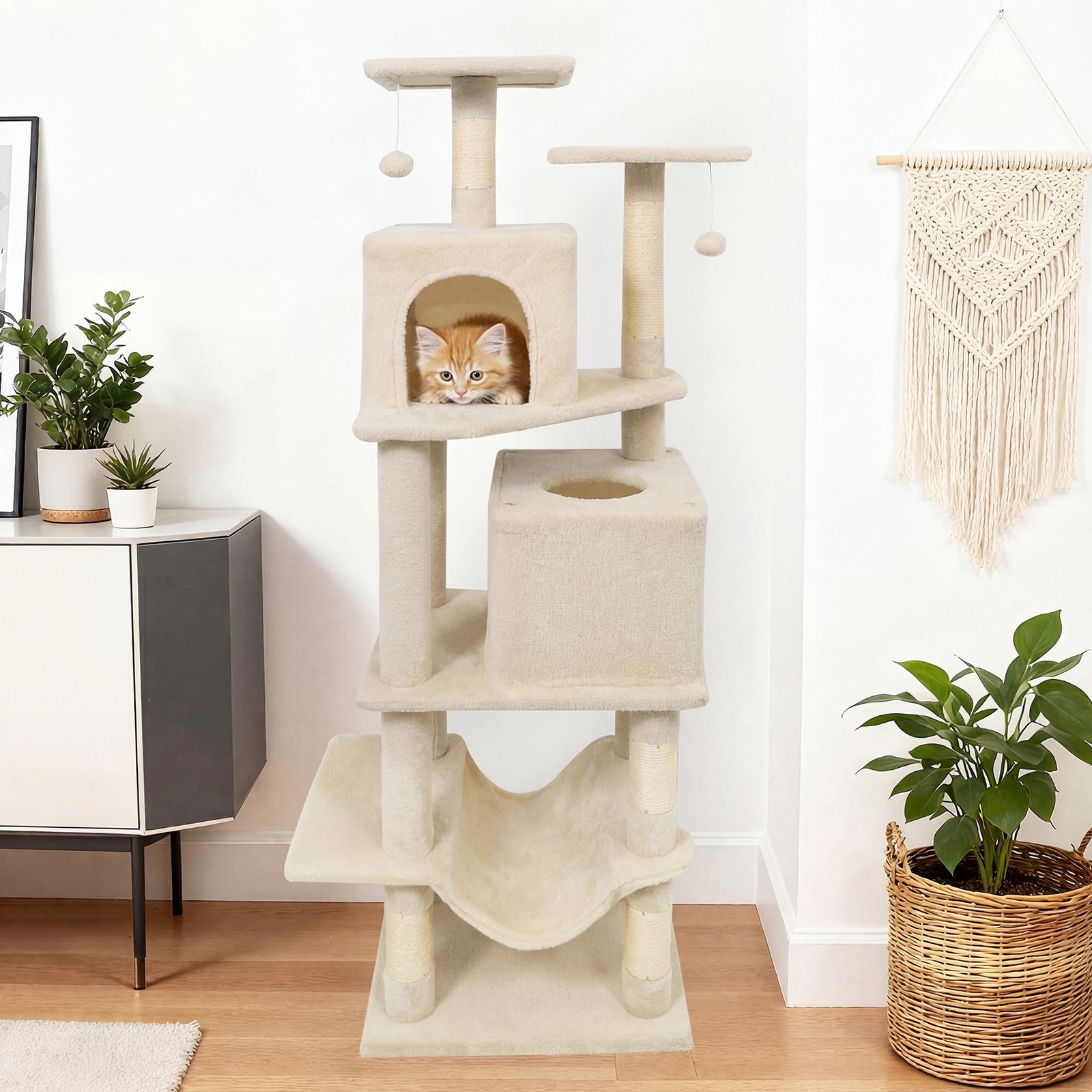 SUGIFT 57-in Beige Cat Tree Tower with 2 Condos Hammock Dangling Balls and 29-in Wide Weighted Base