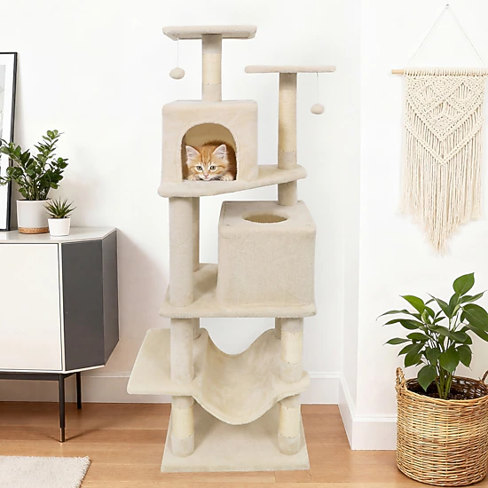 SUGIFT 57-in Beige Cat Tree Tower with 2 Condos Hammock Dangling Balls and 29-in Wide Weighted Base