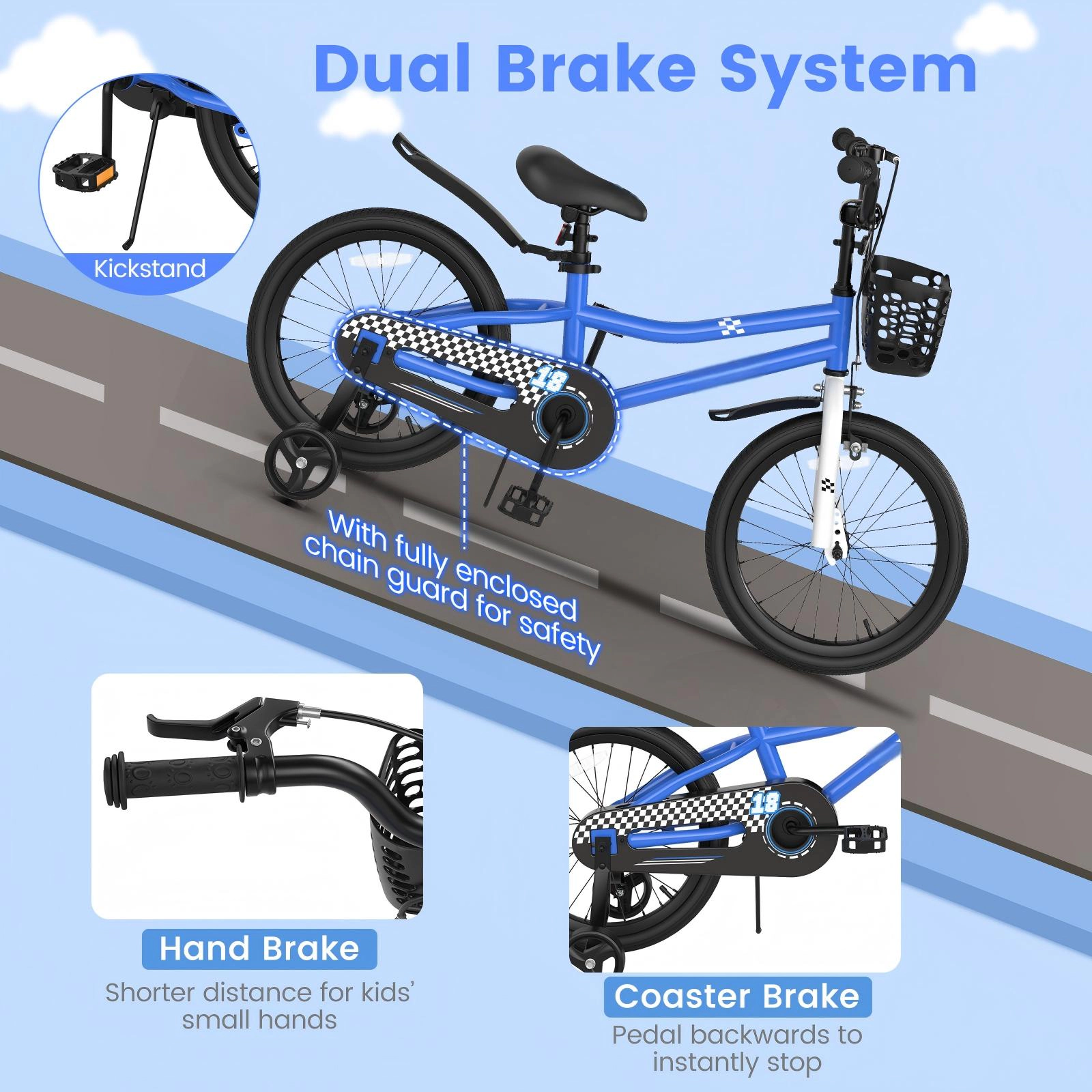 SUGIFT 18-in Kids Bicycle with Hand and Coaster Brakes 99-lb Seat Capacity Ages 4-8 Adjustable Handlebar and Saddle Navy