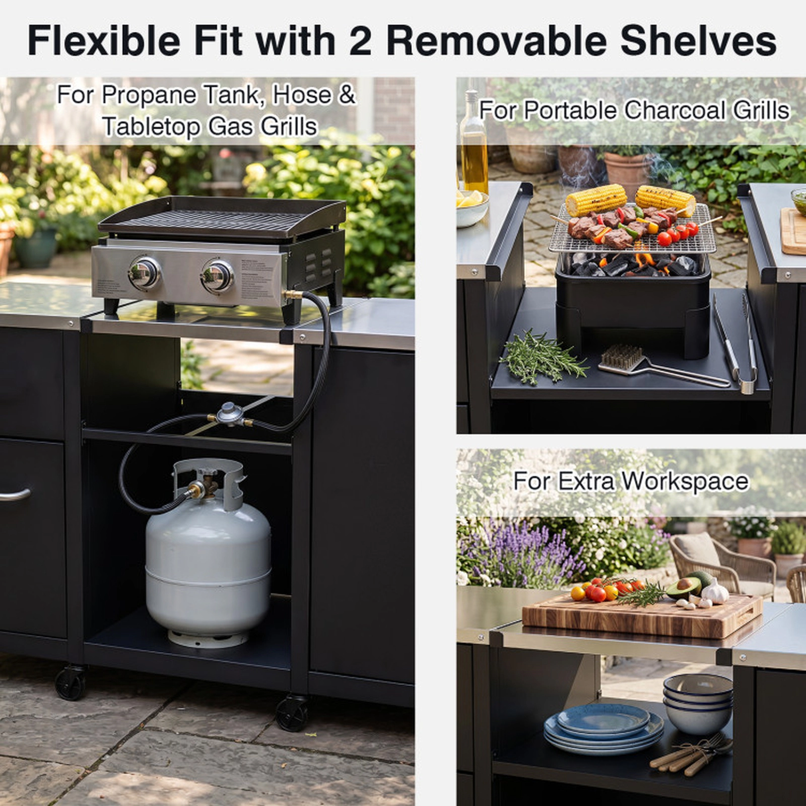 SUGIFT 880-lb Capacity 59-in Black Outdoor Grill Table with Stainless Top 3 Cabinets and 8 Wheels