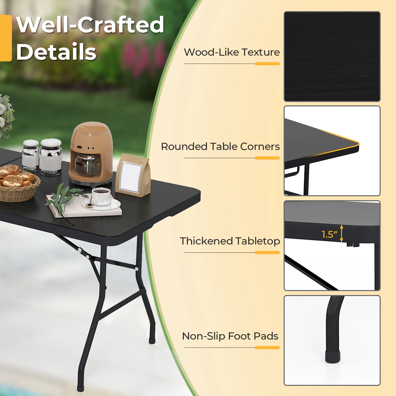 SUGIFT Black 71-Inch Portable Folding Camping Table, 330-Lb Capacity, HDPE Honeycomb Top