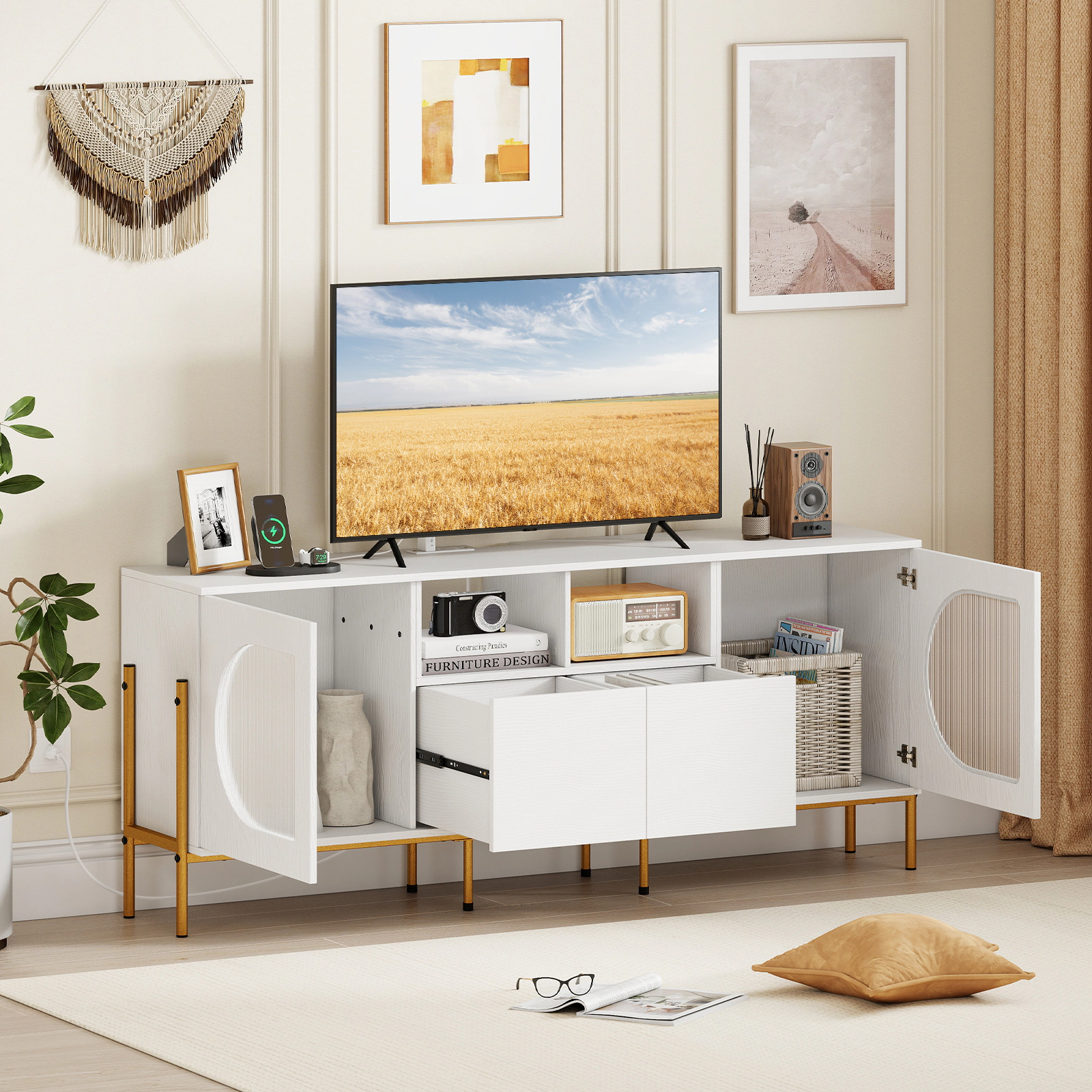 LJG TV Stand for 70 Inch TV with Power Outlets Drawers and Open Shelves