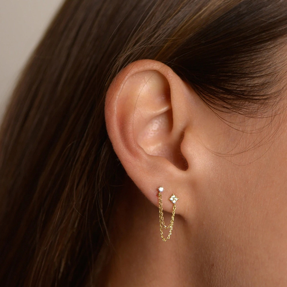 Double Star Cubic Zirconia Two Hole Chain Stud Dangle Earrings