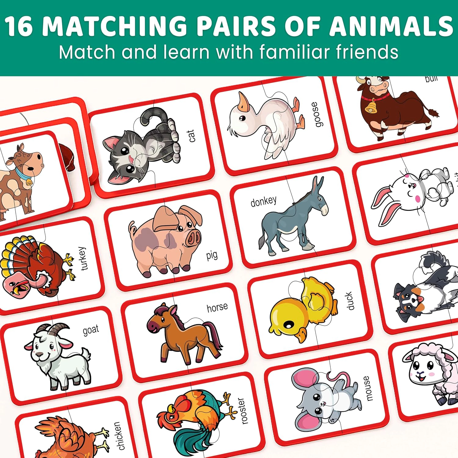 QUOKKA Wooden Farm Animal Memory Matching Puzzle Set for Toddlers, 16 Pairs