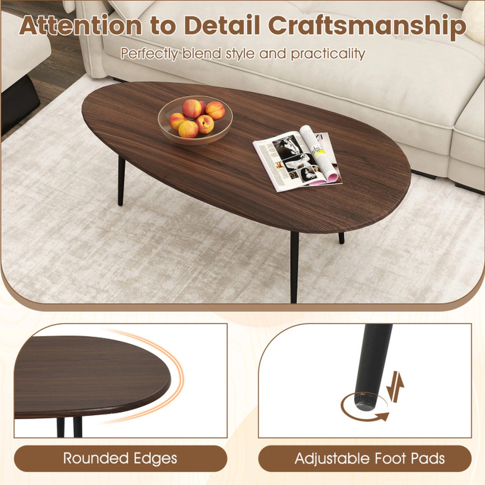 SUGIFT 42.5-in 99-lb Capacity Oval Mid Century Walnut Coffee Table with Metal Frame and Adjustable Pads