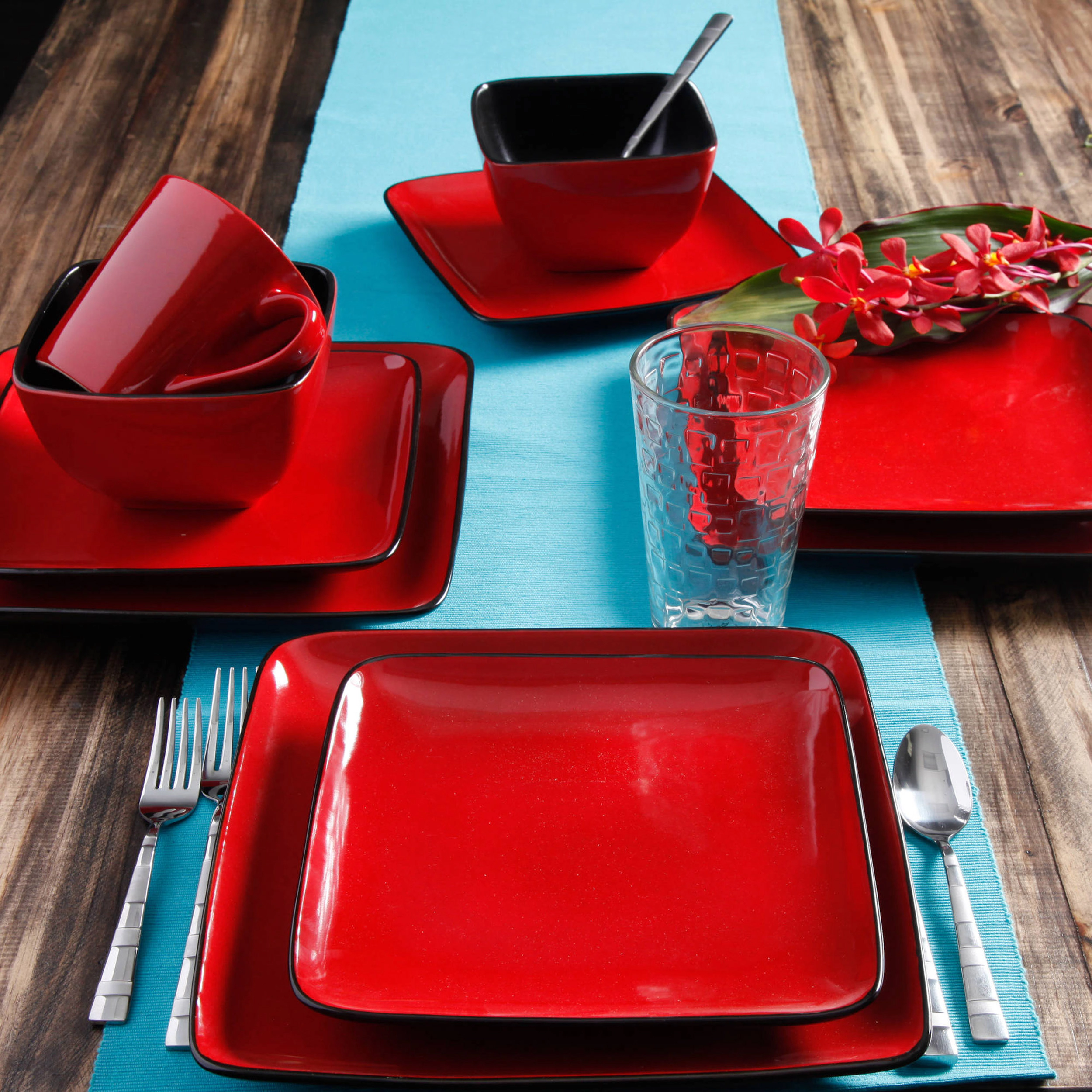 Gibson Home Rave Red 16 Piece Square Stoneware Dinnerware Set in Red and Black