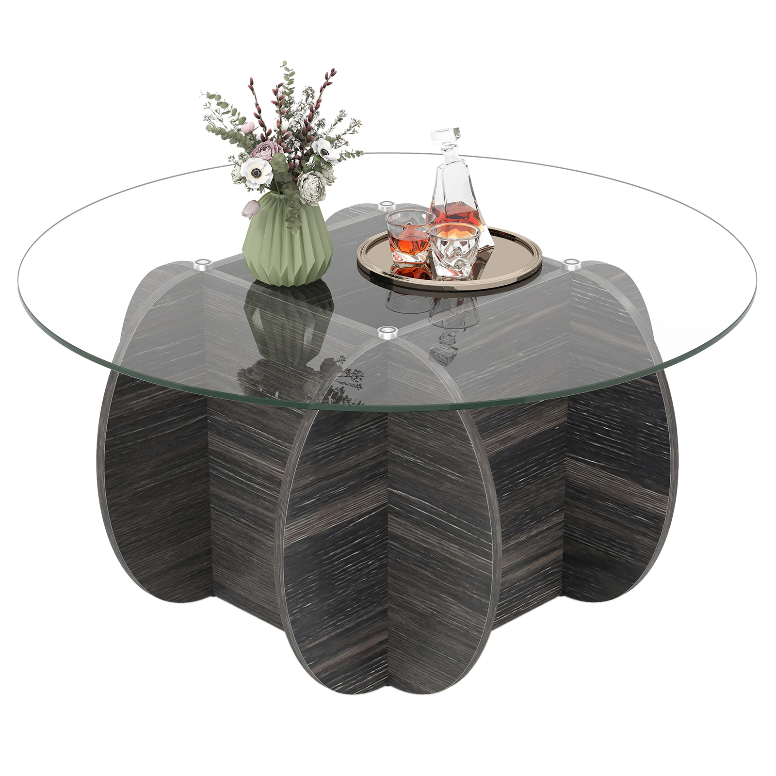 LJG 35" Round Coffee Table Unique Circle Center Table with Tempered Glass Top and Solid Wood Base