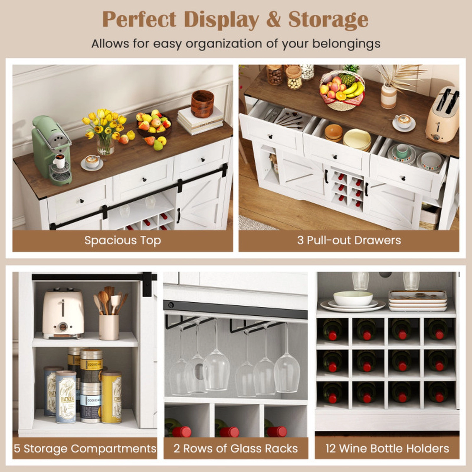 SUGIFT 52-in 240-lb Shelf Liquor and Wine Cabinet with LED Lights Remote Control and Sliding Barn Doors