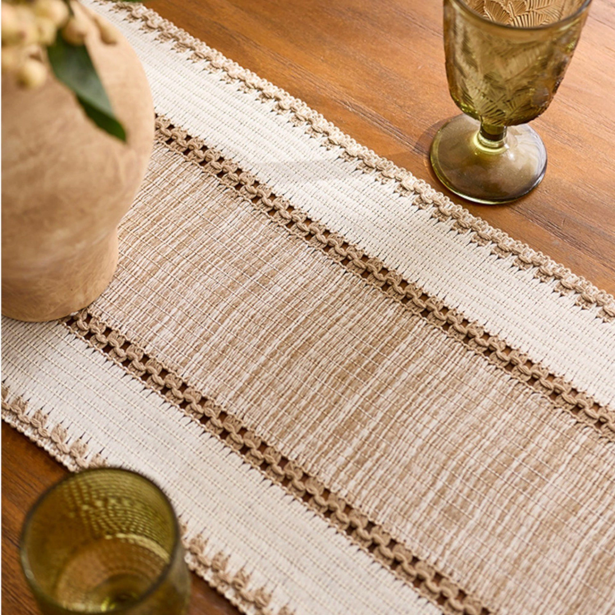 Alilang Women Textured Woven Table Runner with Fringe Trim and Neutral Stripe Pattern 47x11.8