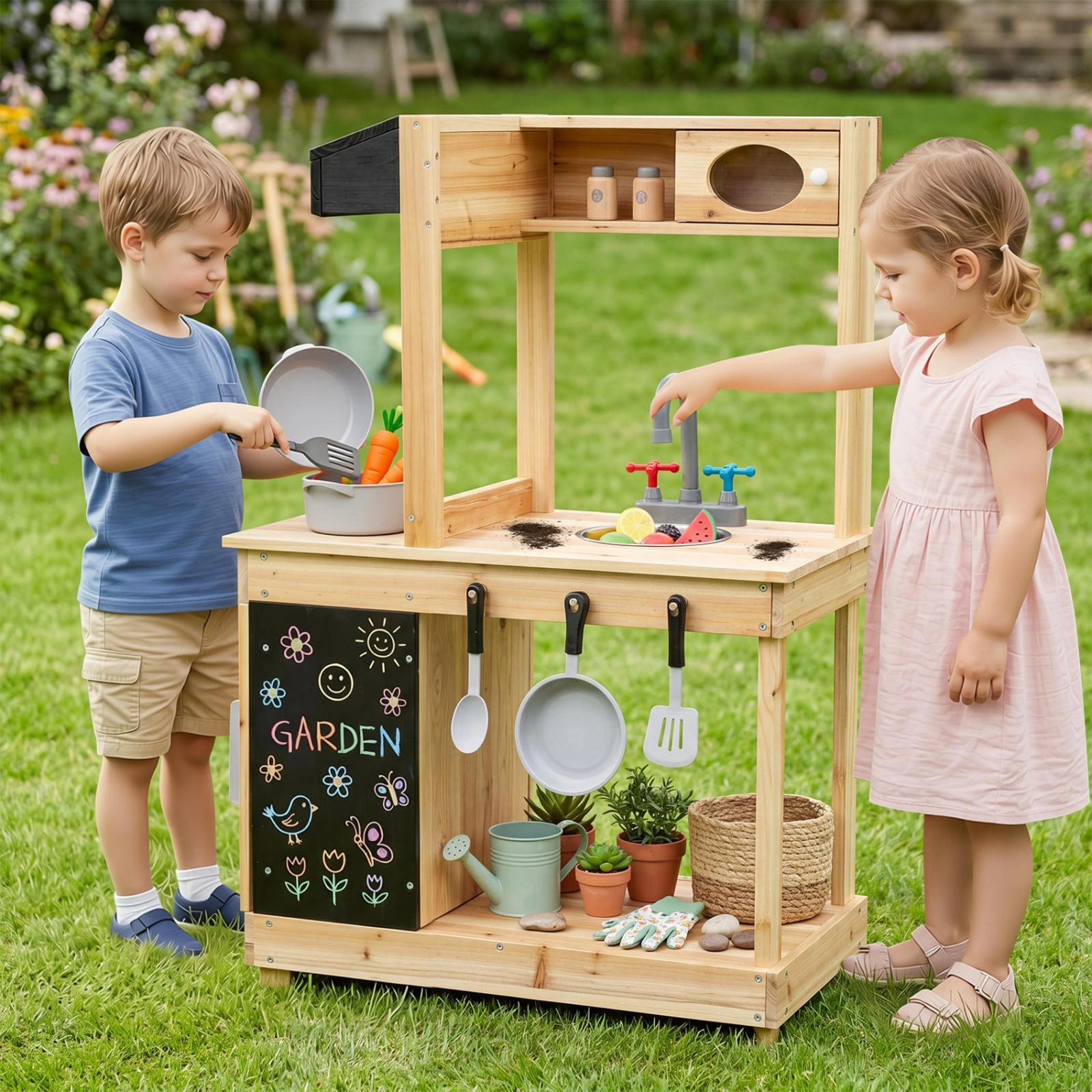 Outdoor Mud Kitchen for Kids with Chalkboard Stove Sink and 4 Storage Zones 23.5-in x 14-in x 38-in Fir Wood Natural