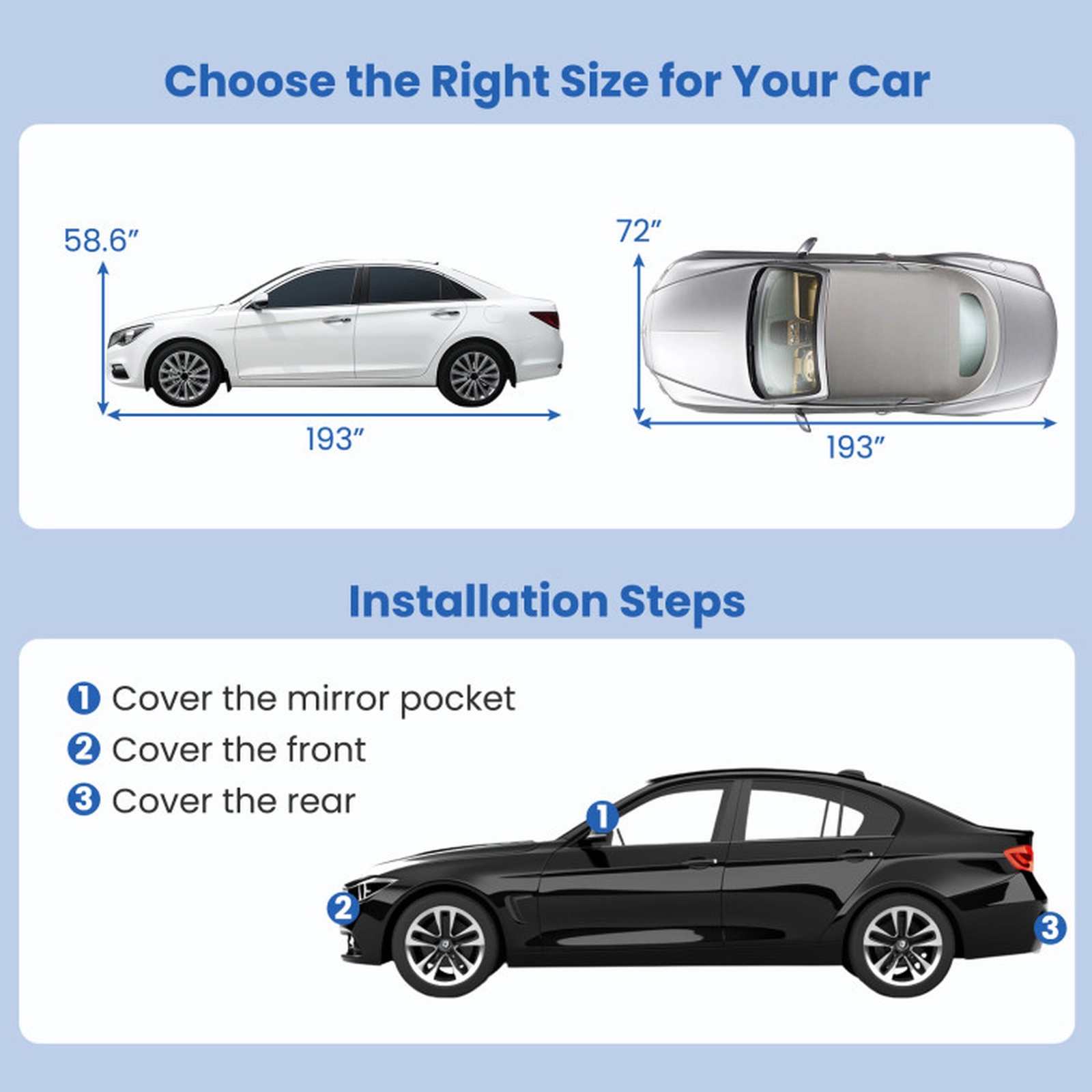 SUGIFT 193-in Universal Fit Sedan Car Cover with Waterproof UV and Snow Protection and Mirror Pockets