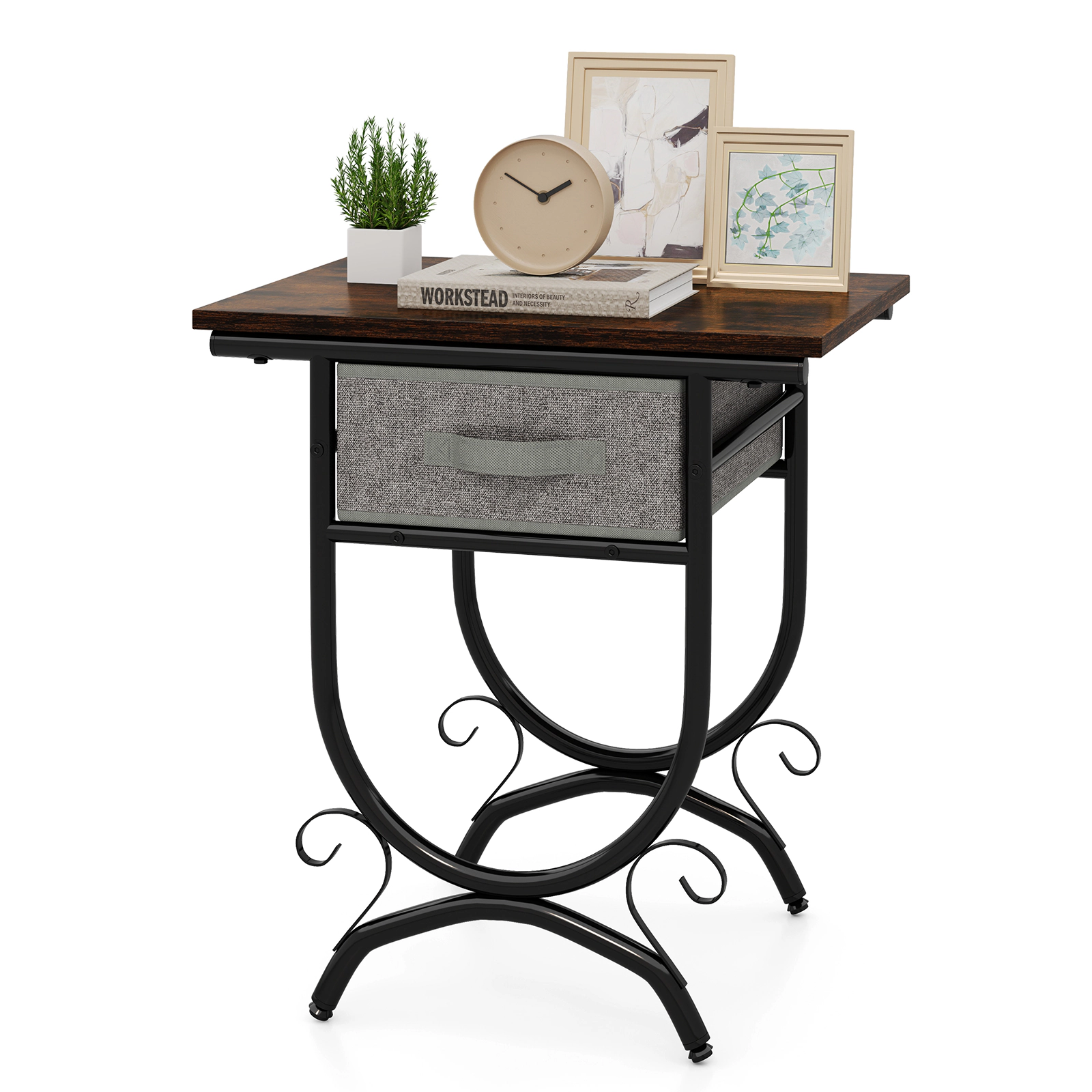 SUGIFT Wide Top Side Table Nightstand Foldable Fabric Drawer & Carved Metal Frame 88-lb Tabletop Capacity Black & Gray
