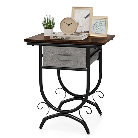 LJG Side Table with Fabric Drawer and Carved Metal Frame for Living Room