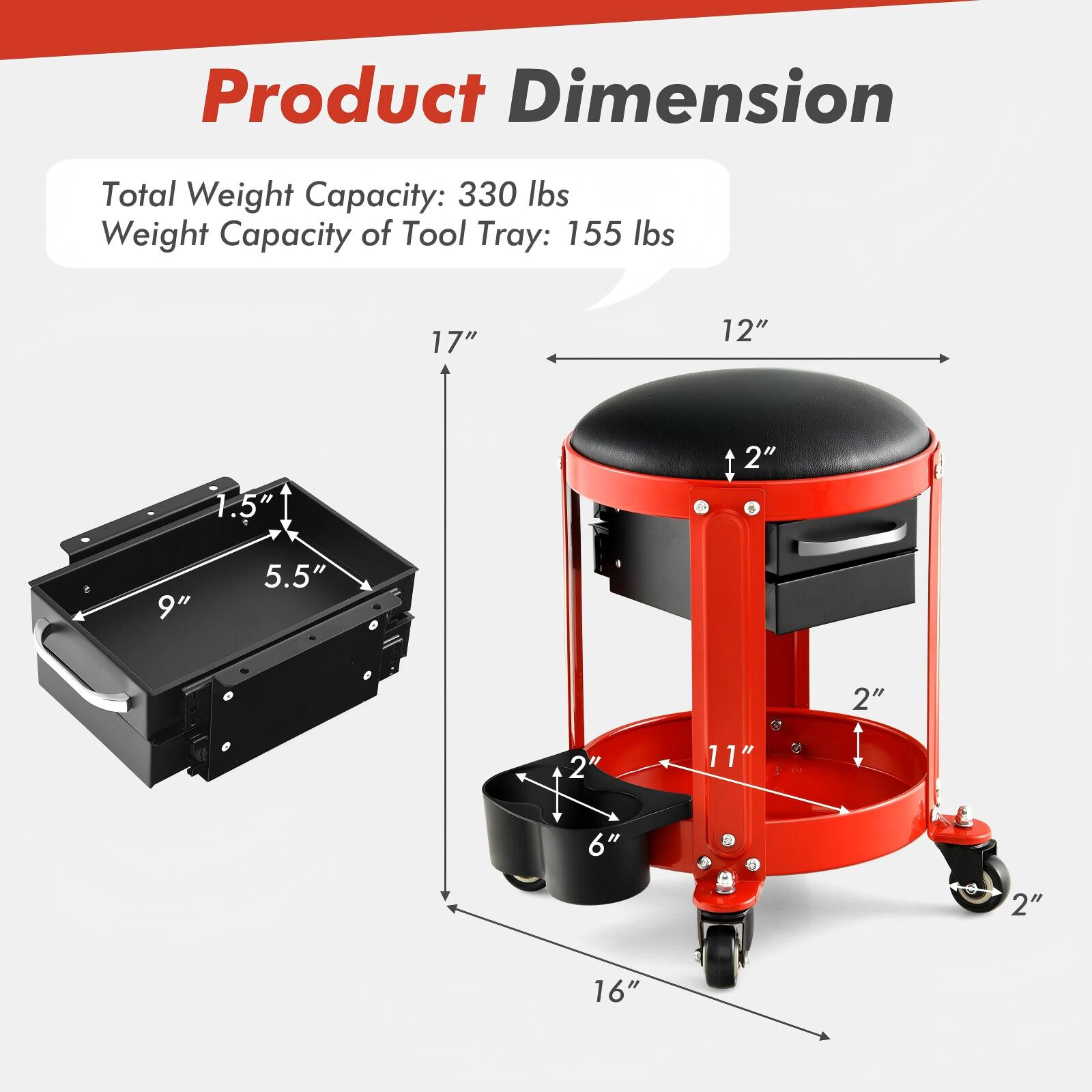 SUGIFT 2 Drawers Removable Padded Seat 4 Casters Rolling Mechanic Stool 16-in x 17-in 330-lb Capacity Red
