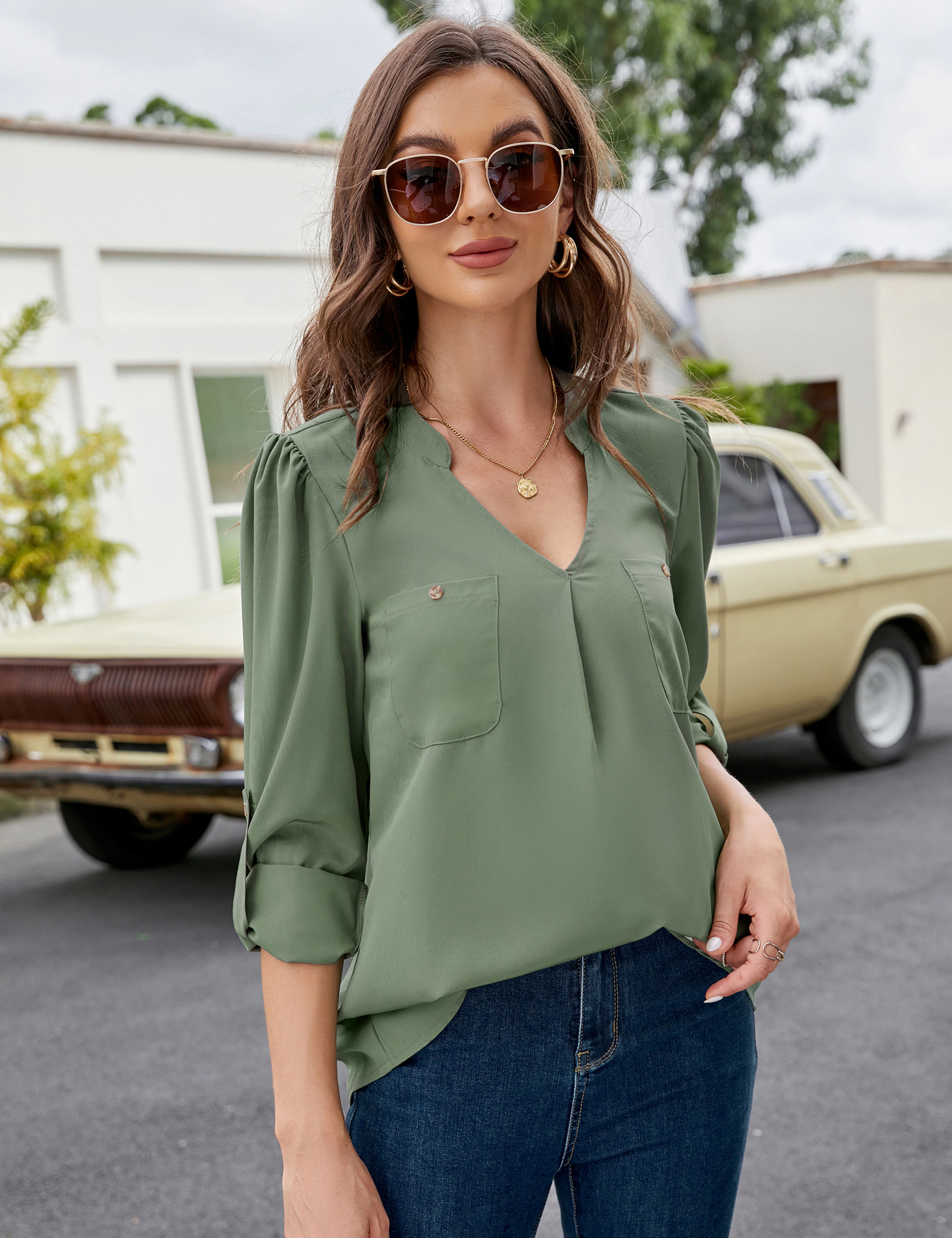 KOJOOIN Women's Chiffon Blouse Split V Neck Roll Tab Long Sleeve Tunic Top Casual Office Business Shirt