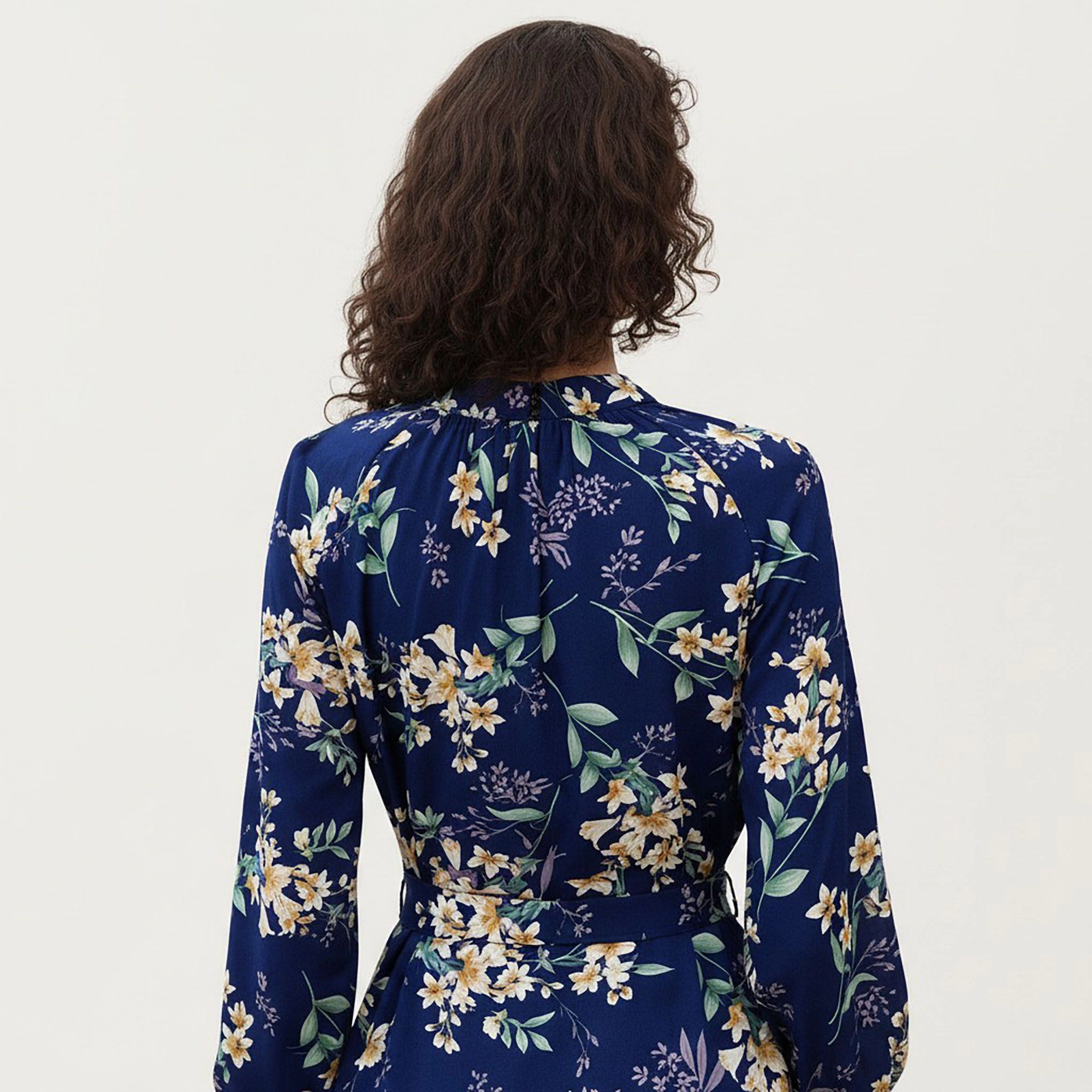 Anna-Kaci Women's Floral Print V Neck Long Sleeve Waist Tie Dress