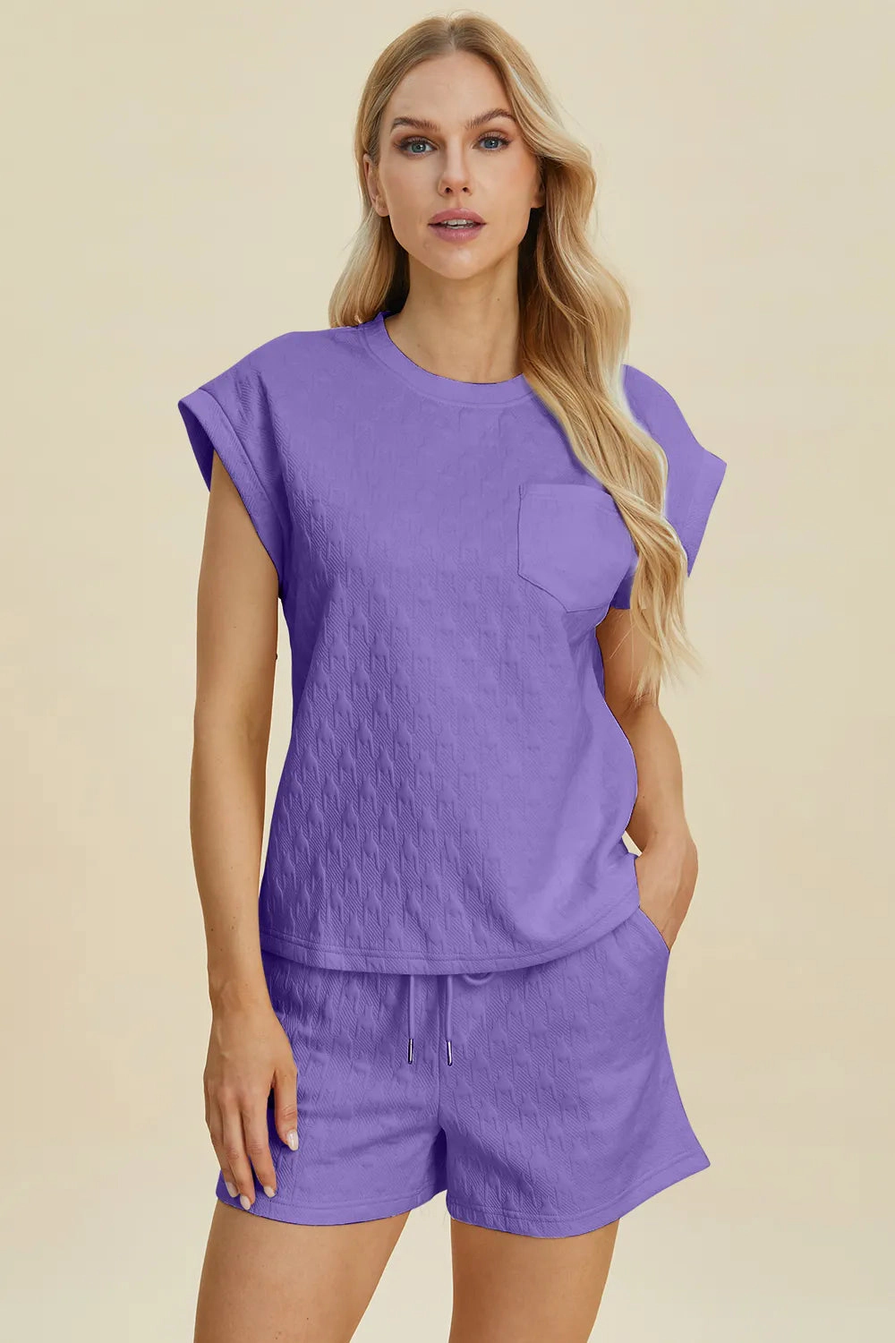 TRUEDAMES Women Full Size Pocketed Texture Round Neck Top and Shorts Set