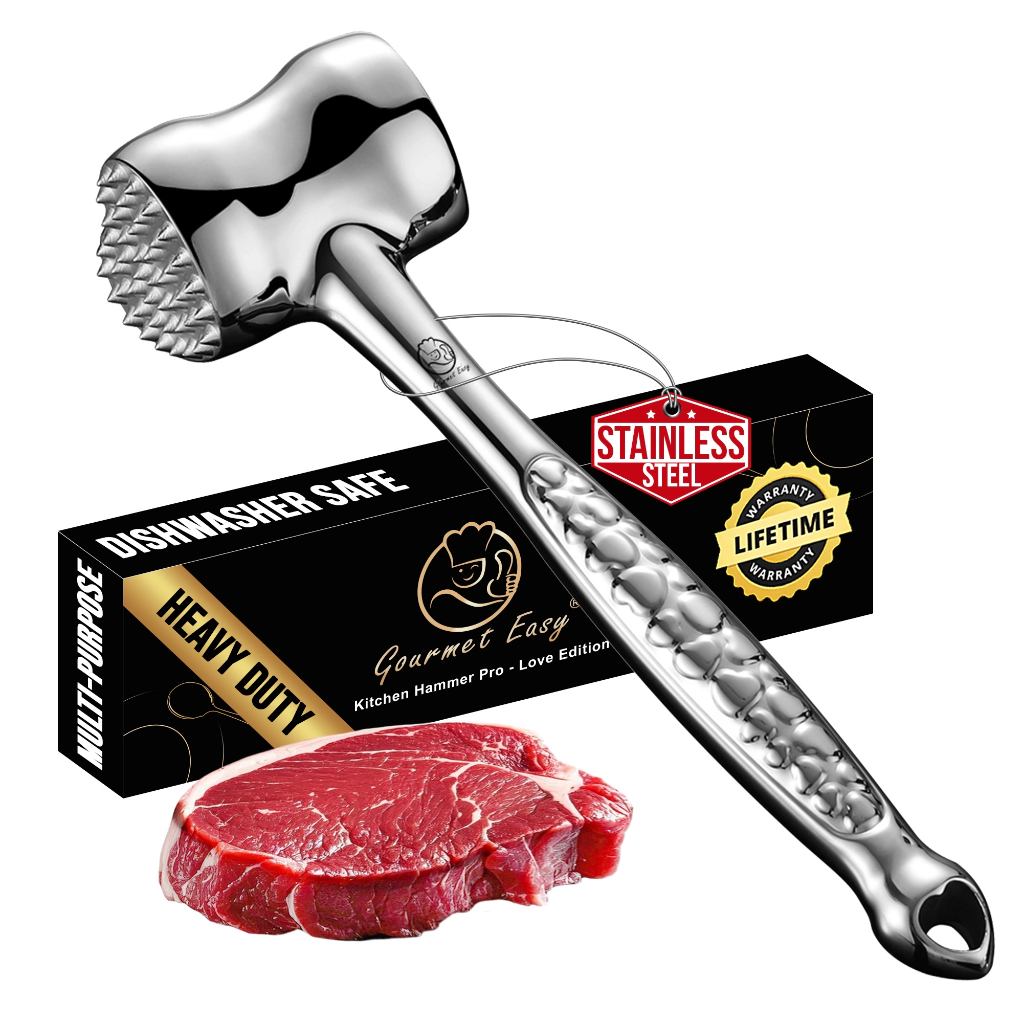 Gourmet Easy Stainless Steel Meat Tenderizer Tool, Meat Mallet, Meat Hammer (Love Edition)