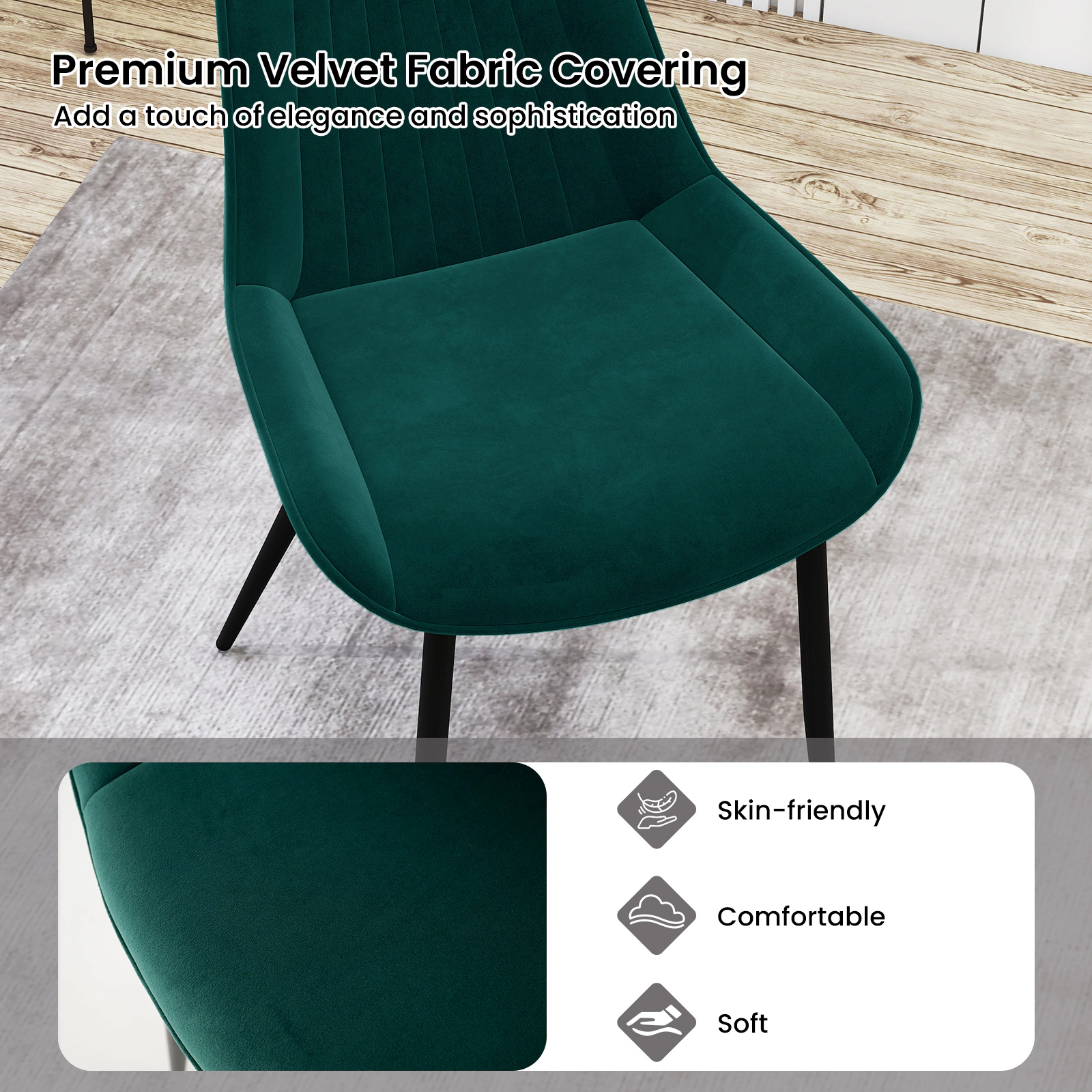 SUGIFT Set of 4 Turquoise Velvet Upholstered Dining Chairs with Black Metal Legs