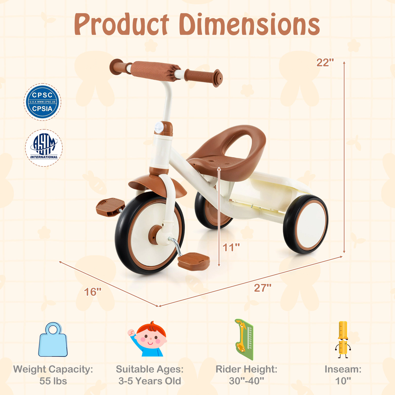 SUGIFT Adjustable Seat and Storage Basket Ages 3-5 Toddler Tricycle Kids Trike